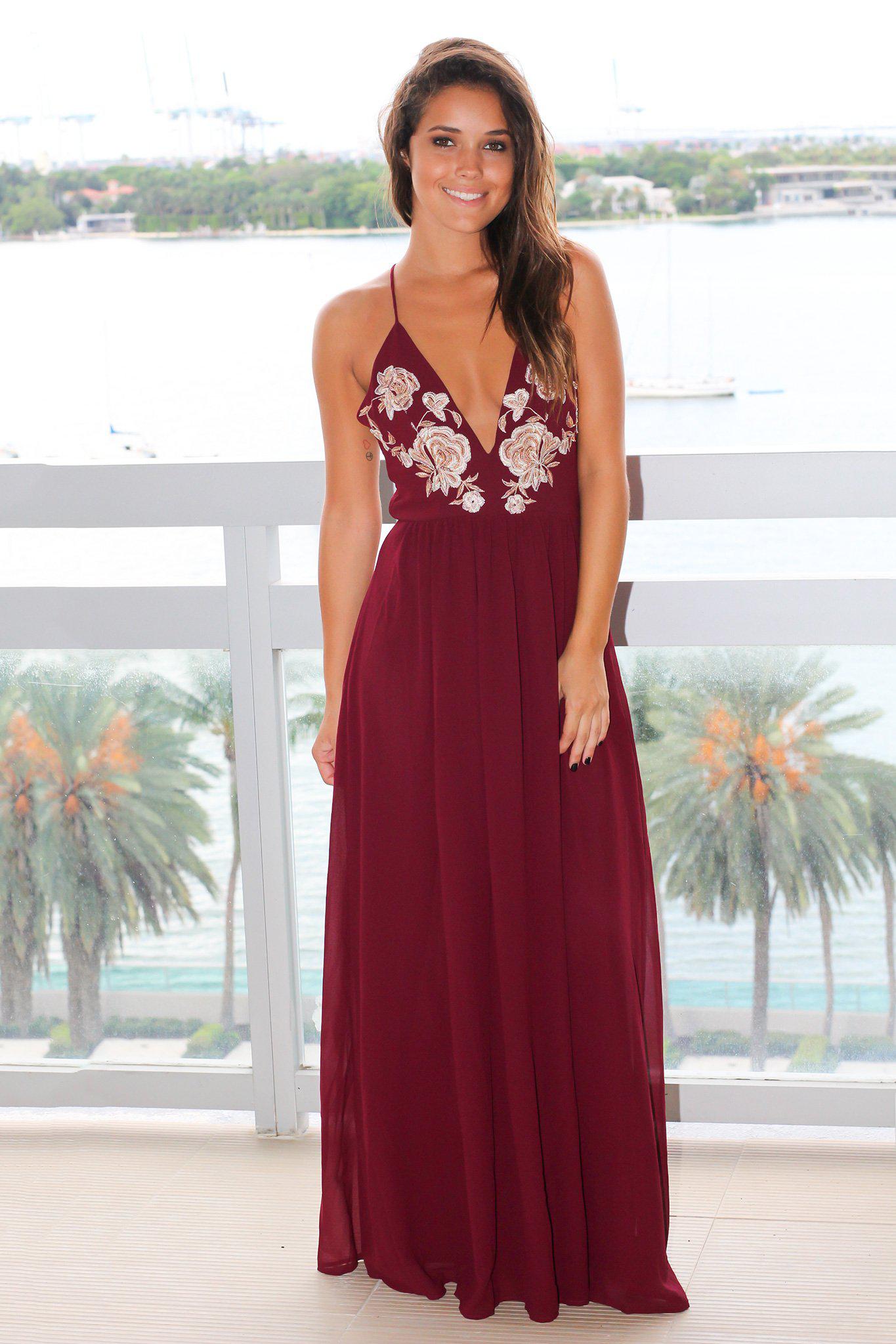 Wine Maxi Dress with Floral Embroidery