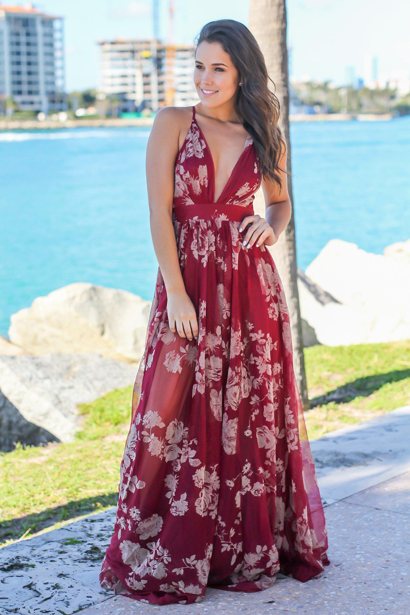 Wine Printed Tulle Maxi Dress with Criss Cross Back