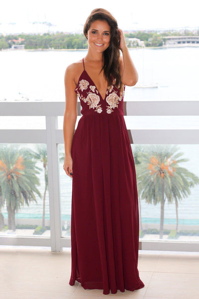 Wine Maxi Dress with Floral Embroidery