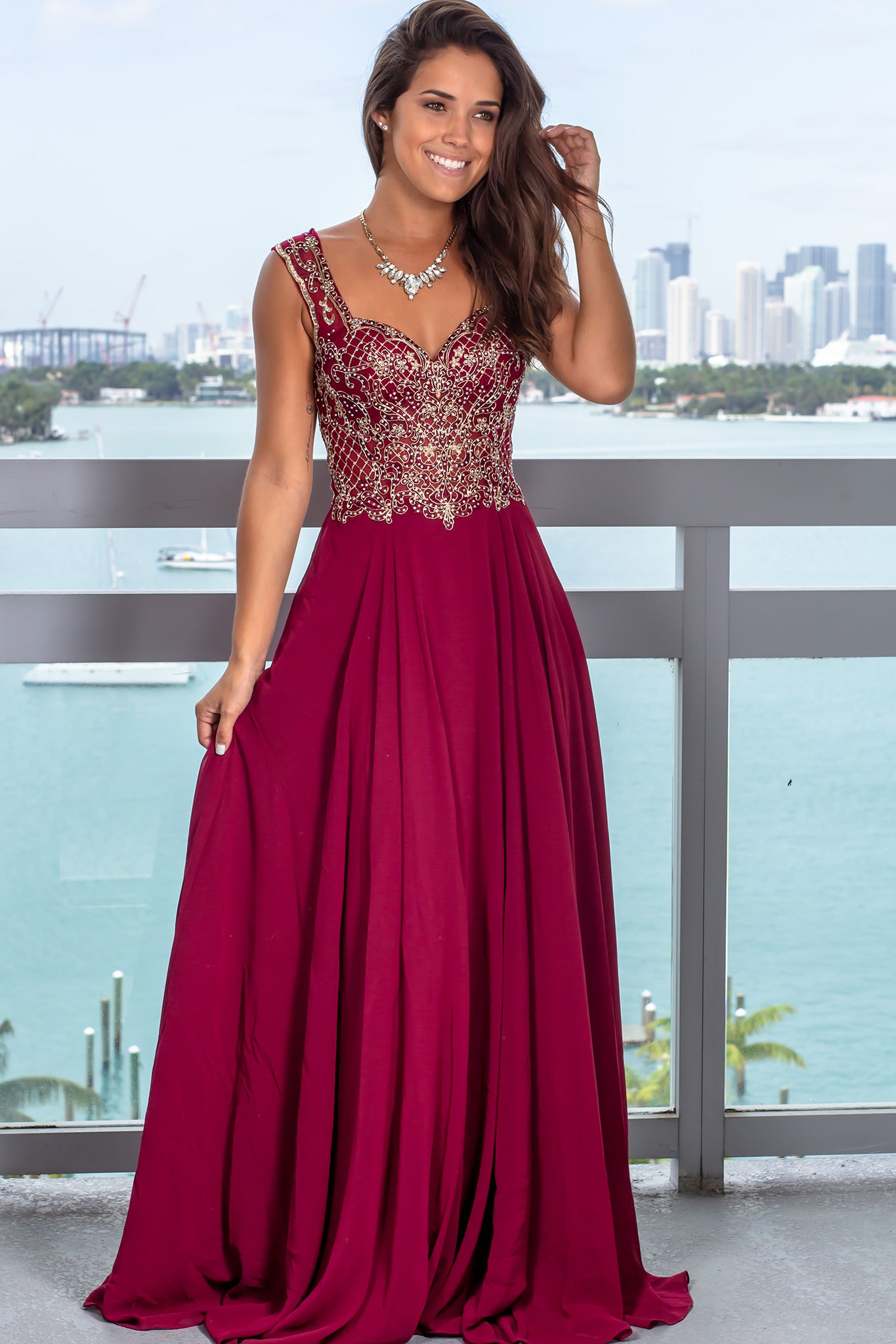 Wine Maxi Dress with Jewel Embroidered Top | Formal Dresses Saved by the Dress Wine Maxi Dress with Jewel Embroidered Top | Formal Dresses Saved by the Dress