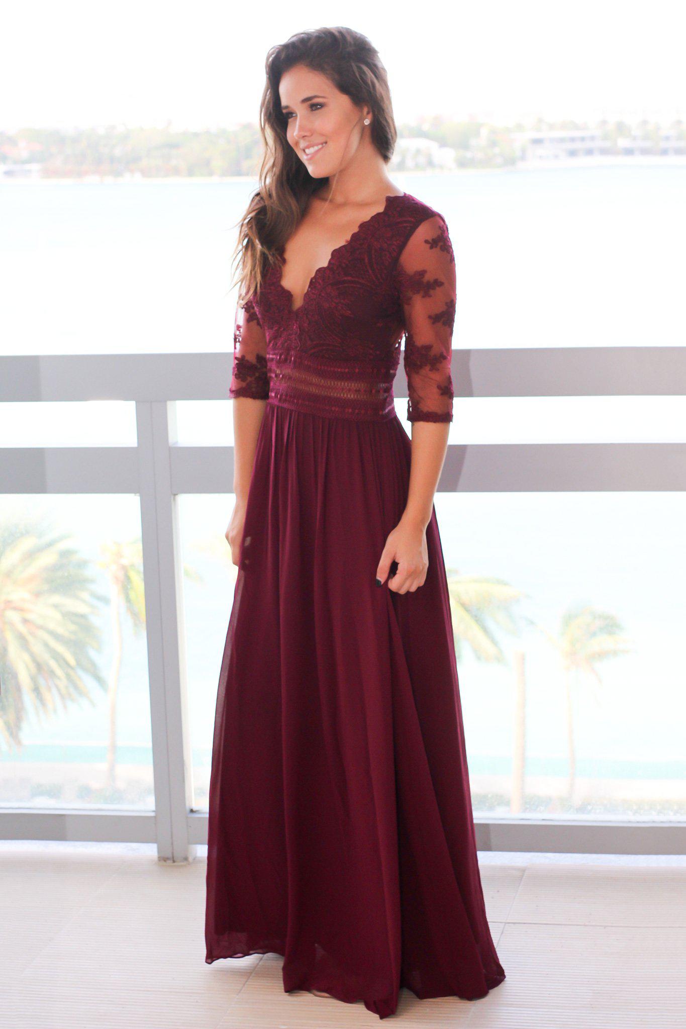 Wine V-Neck Maxi Dress with Mesh Embroidered Sleeves | Maxi Dresses – Saved by the Dress