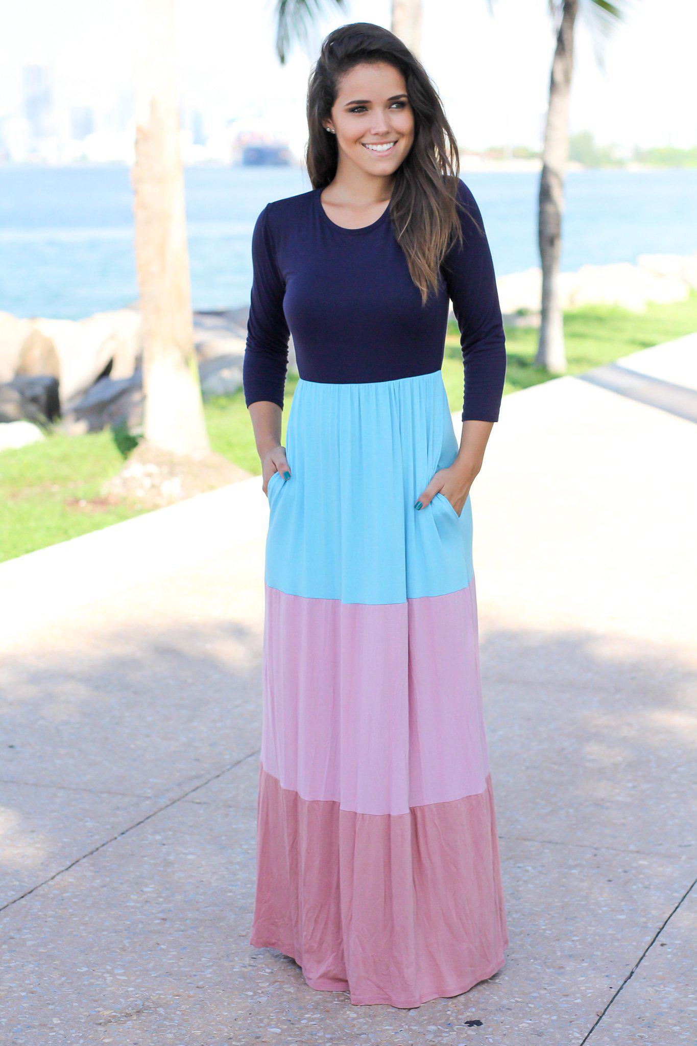 Navy and Mauve Color Block Long Sleeve Maxi Dress | Maxi Dresses Saved by the Dress Navy and Mauve Color Block Long Sleeve Maxi Dress | Maxi Dresses Saved by the Dress