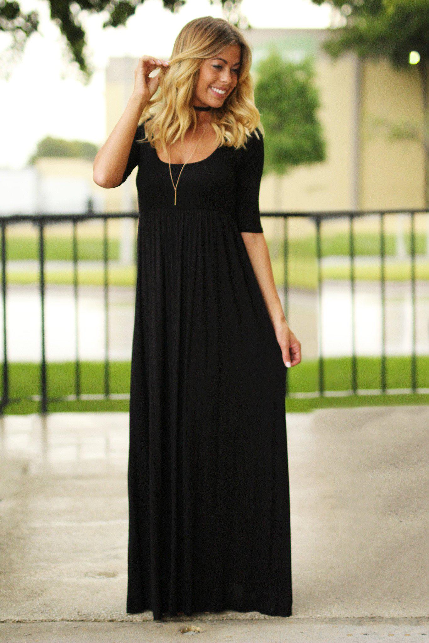 Black Maxi Dress with 3/4 Sleeves Black Long Dress Casual Maxi