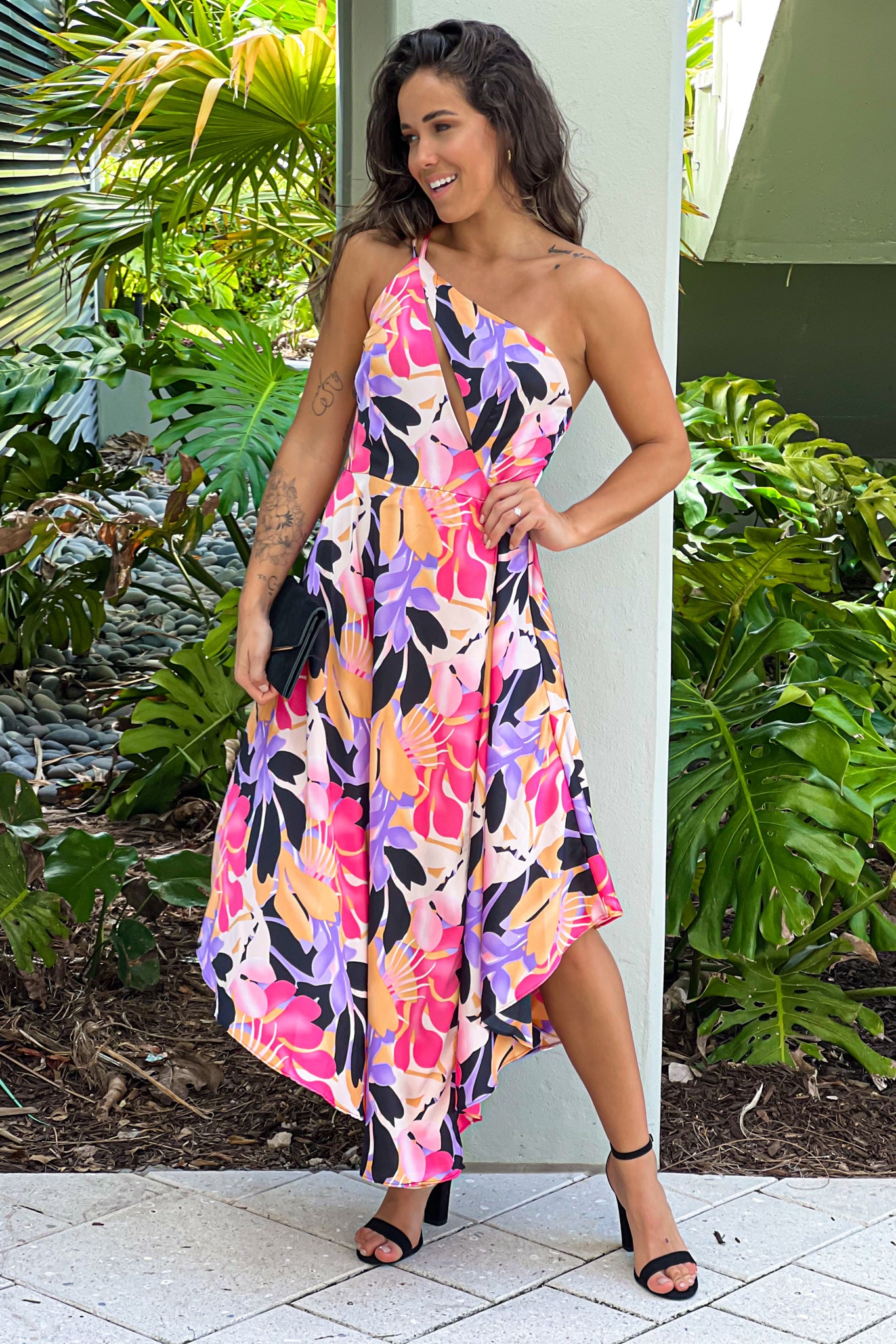 Black And Purple Satin One Shoulder Midi Dress | Bridesmaid Dresses  Saved  by the Dress