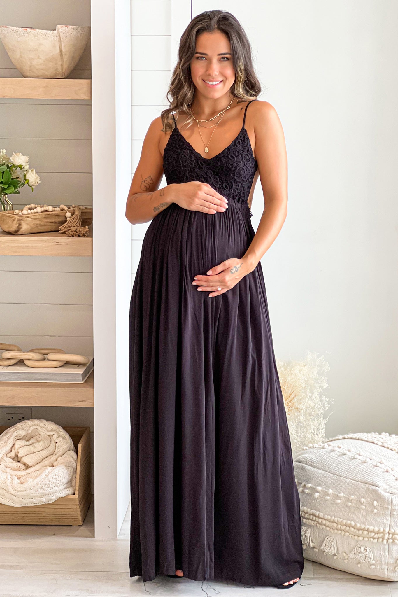 Black Crochet Top Maternity Maxi Dress with Frayed Hem