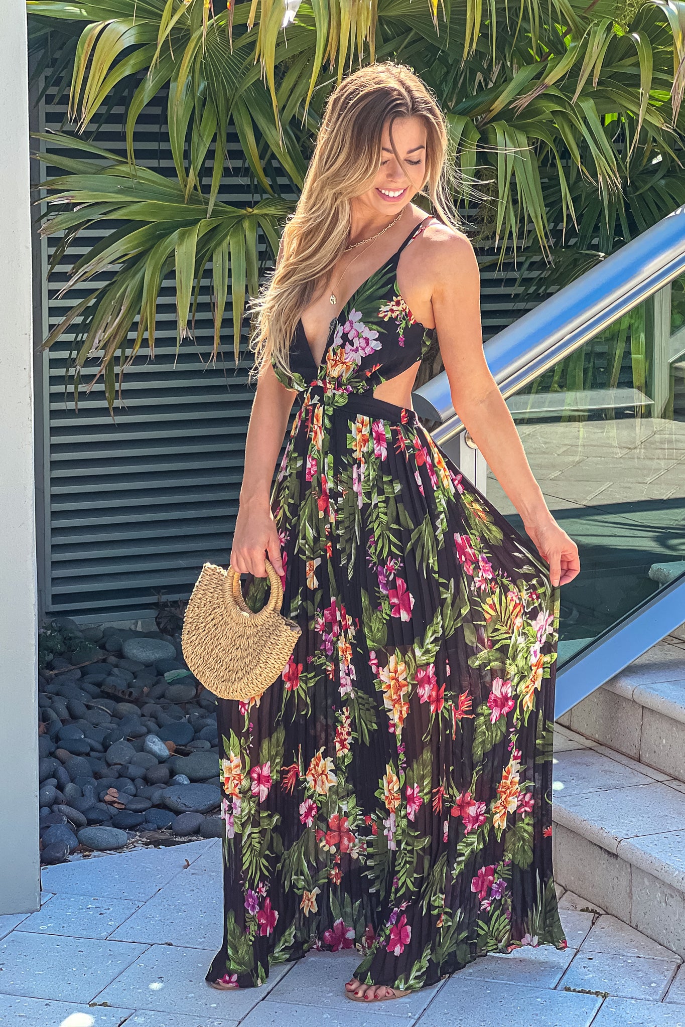 Black Floral Pleated Maxi Dress With Open Back | Maxi Dresses Saved by the Dress Black Floral Pleated Maxi Dress With Open Back | Maxi Dresses Saved by the Dress