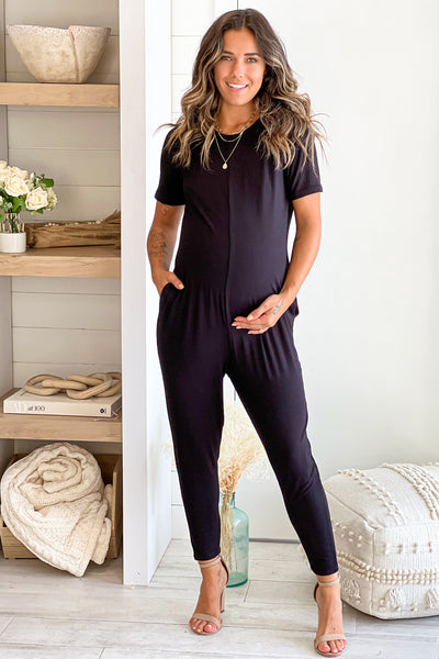 black maternity jumpsuit with pockets and short sleeves