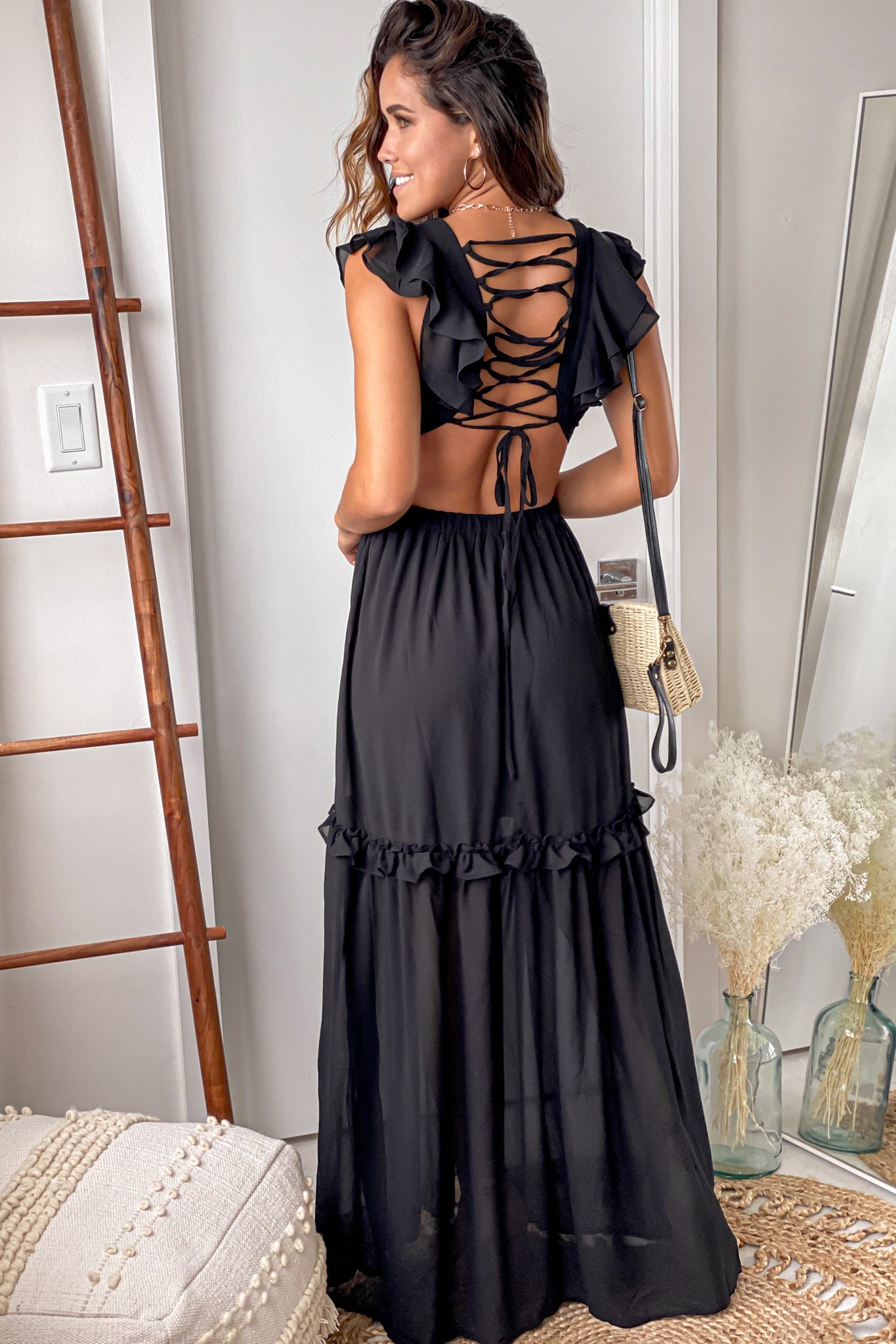 Black Maxi Dress With Cut Out And Lace Up Back