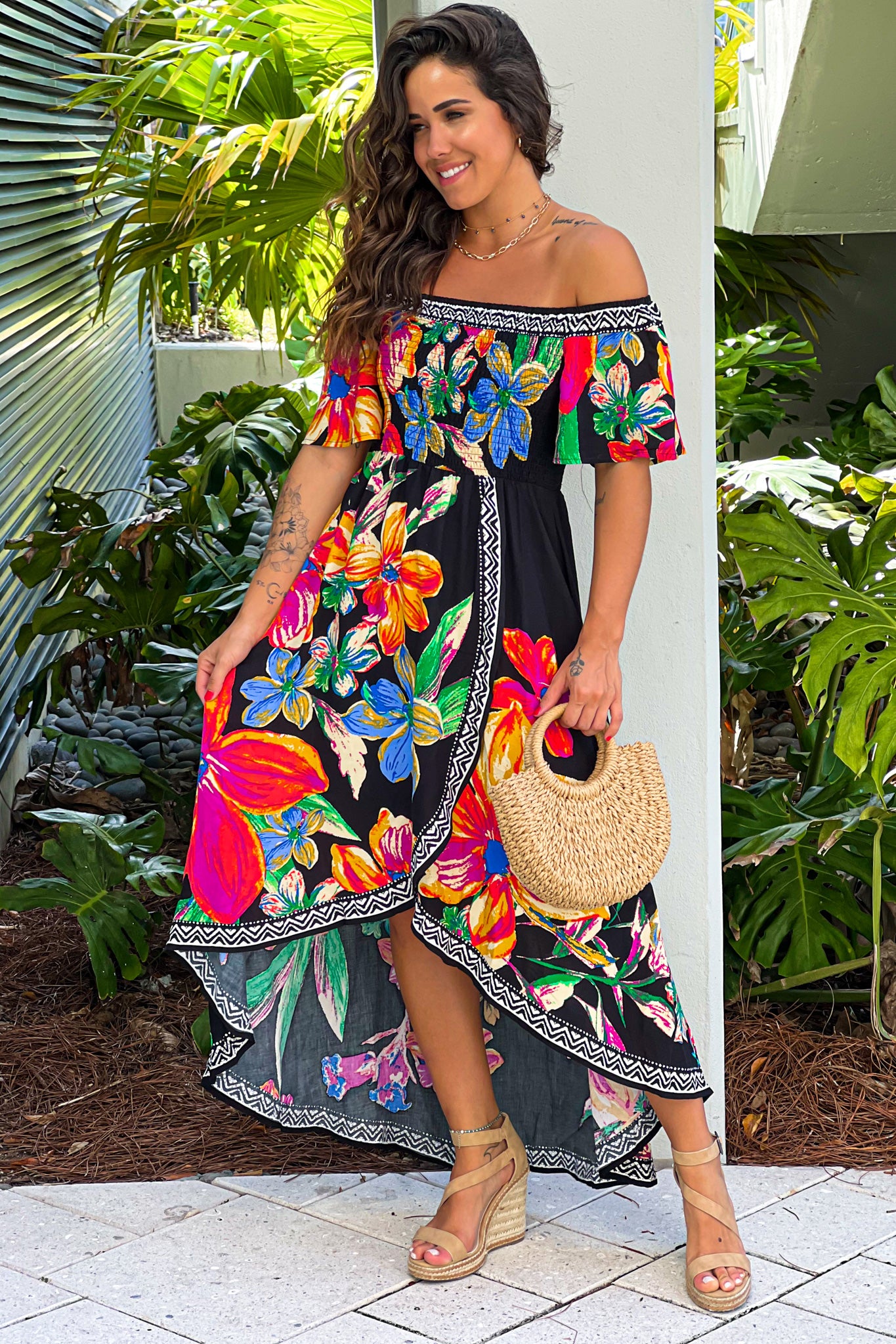 Black Tropical Off Shoulder Hi-Lo Dress
