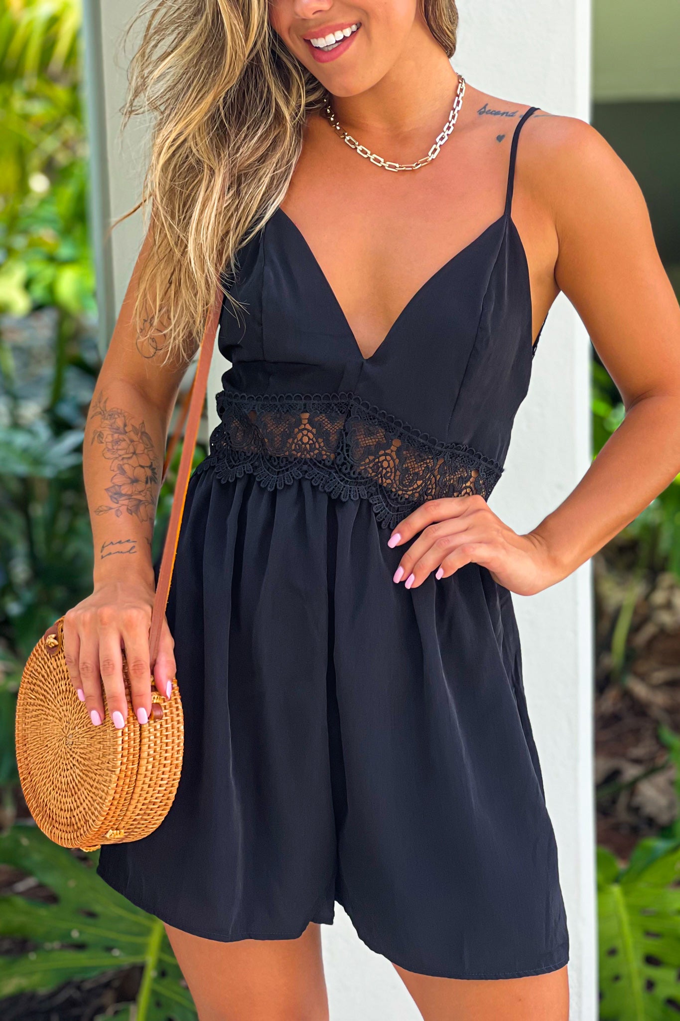 Black Romper With Crochet Trim And Open Back
