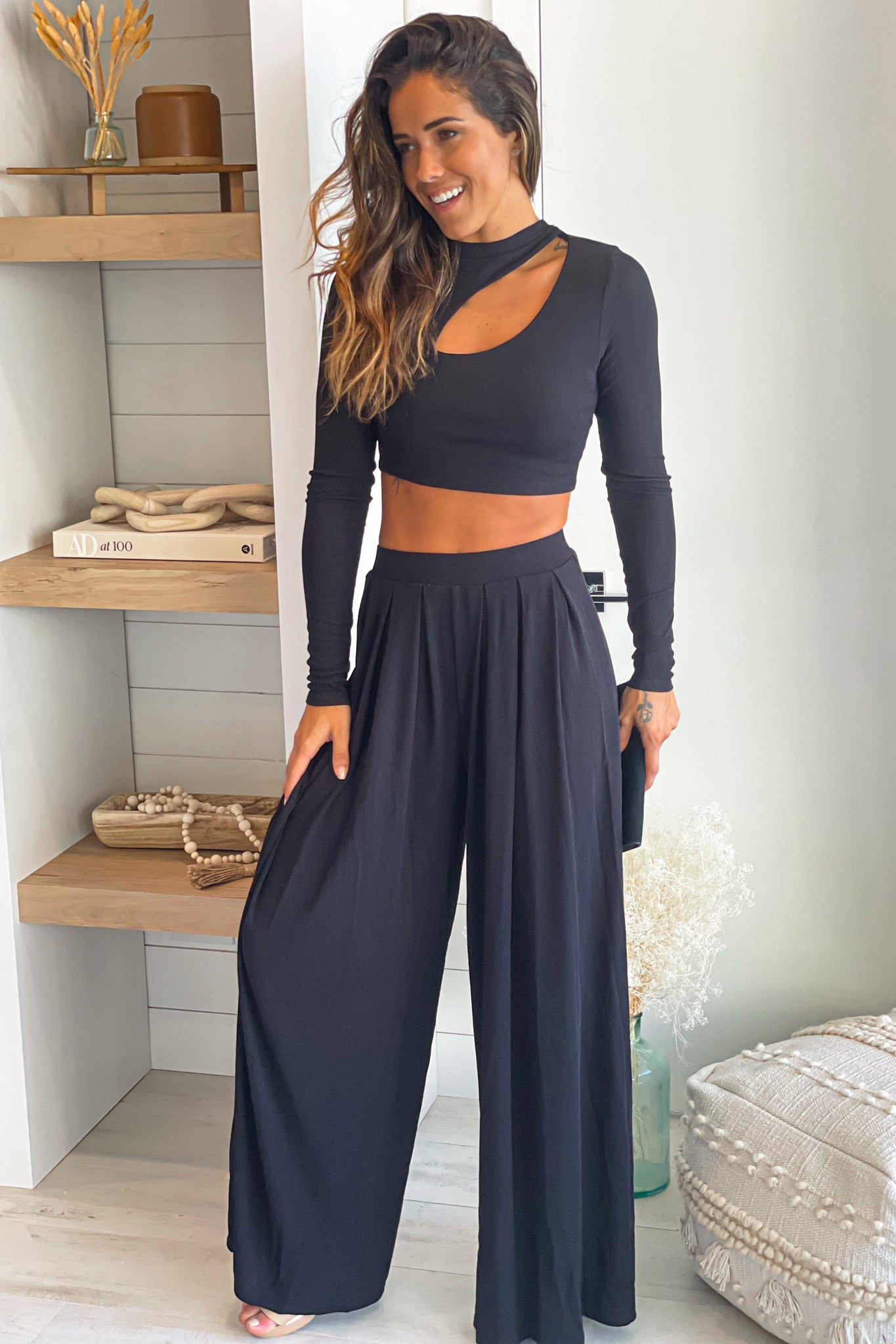 Black Top Long Sleeve And Pants Set | Online Boutiques – Saved by