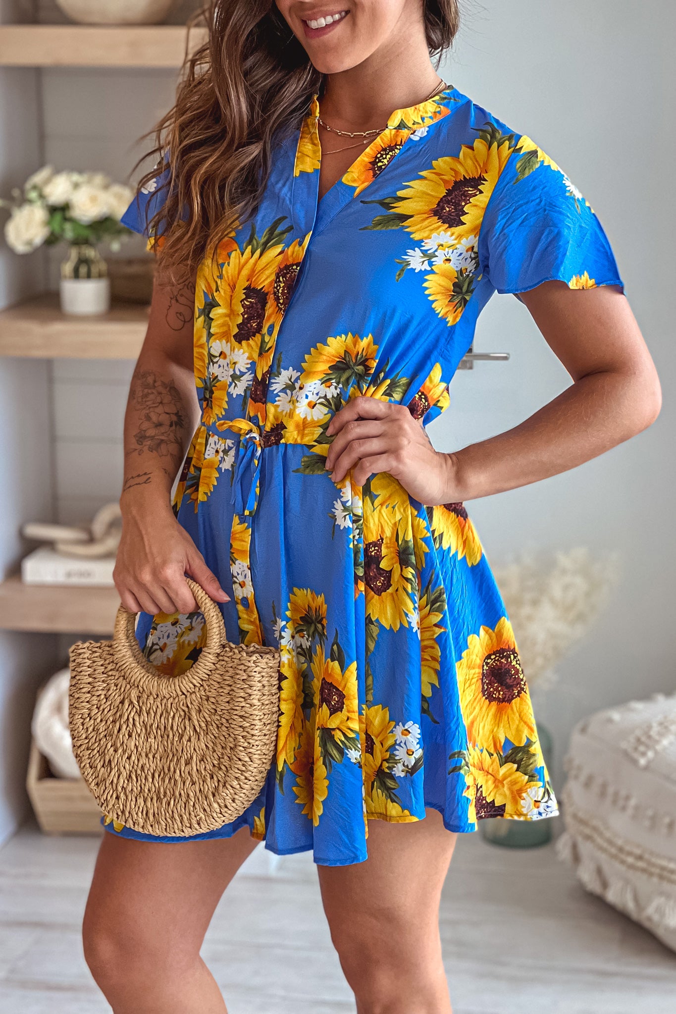 blue short sleeve summer dress Cara Cara Nash Tossed Blue Floral Mini Shirt Dress main image 1