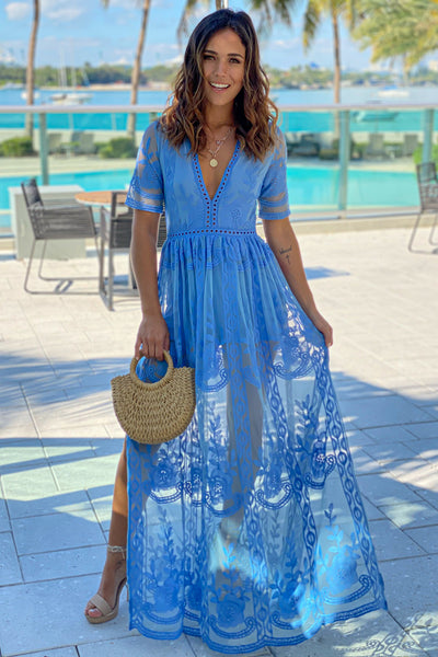 blue lace maxi romper with sleeves and slit