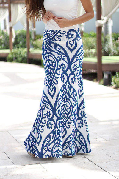 Blue and Ivory Printed Maxi Skirt
