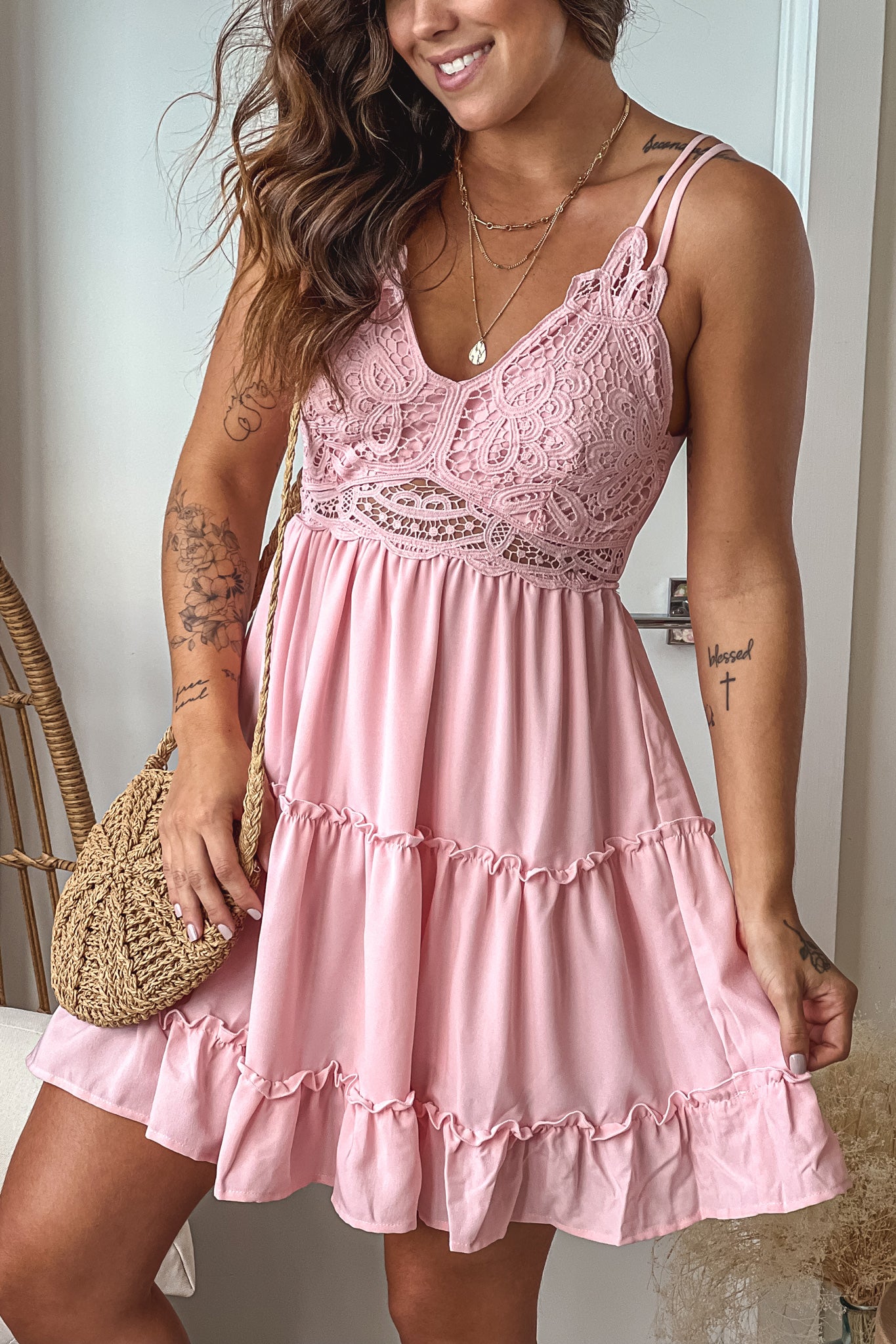 chinese dress ladies Tan Crochet Floral Lace Mini Dress at Maria Vincent Boutique