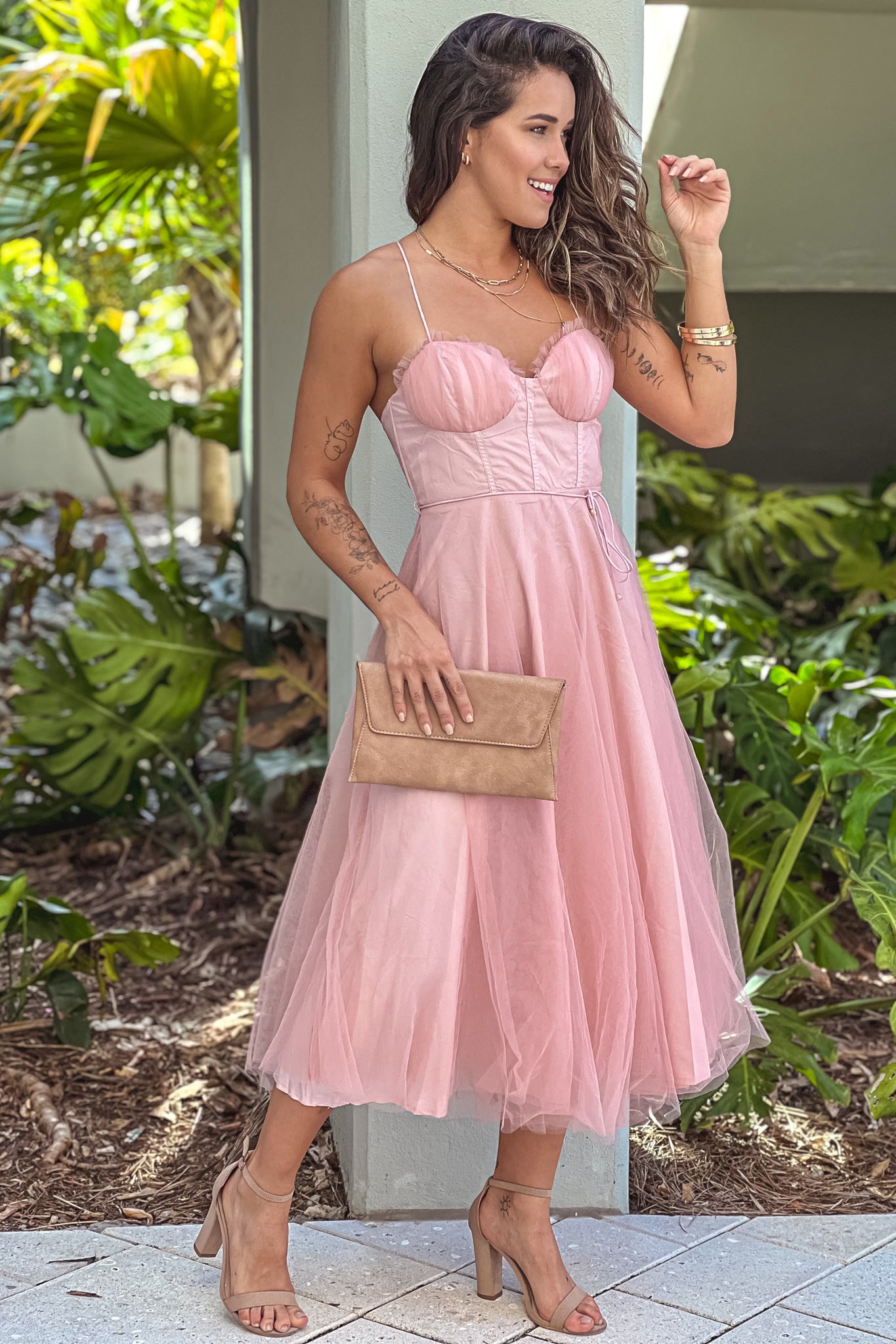 Blush Tulle Midi Dress With Lace Detail Blush Tulle Midi Dress With Lace Detail