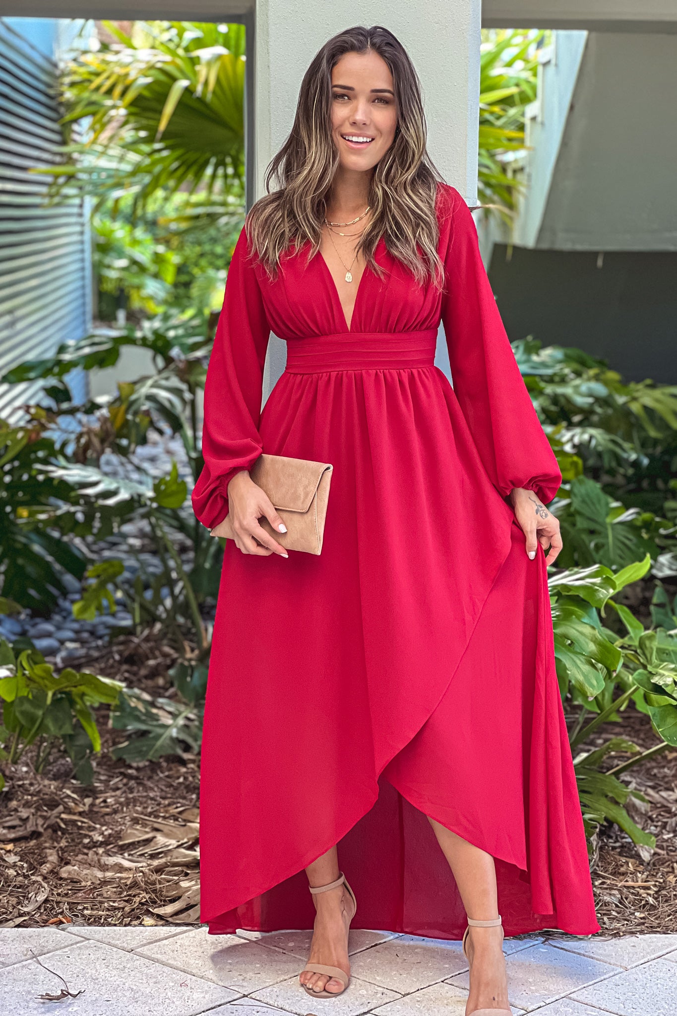 fitted lace wedding dress Burgundy Puff Sleeve Maxi Dress