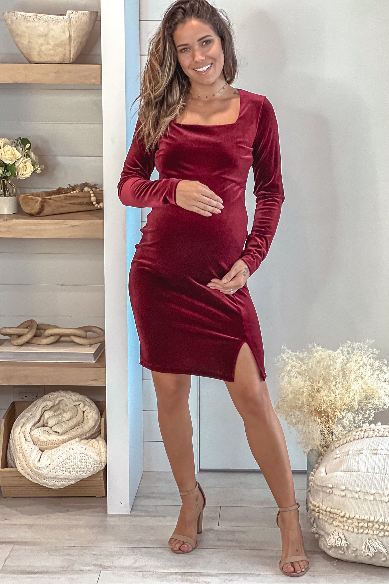 Burgundy Velvet Maternity Dress With Side Slit | Saved By The Dress Saved by the Dress Burgundy Velvet Maternity Dress With Side Slit | Saved By The Dress Saved by the Dress