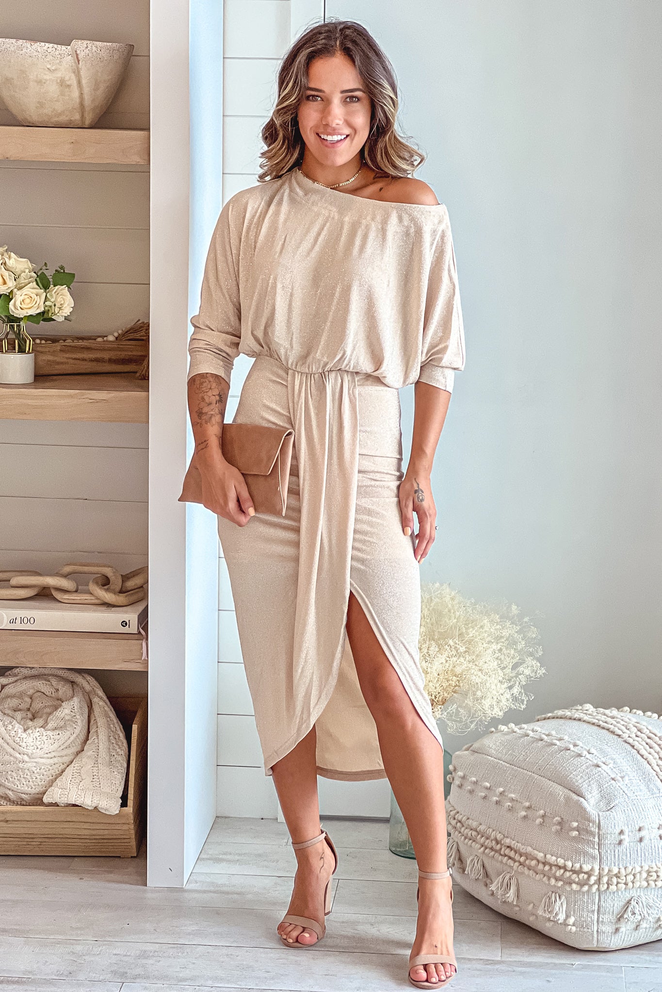 Champagne Lurex Wrap Dress | Maxi Dresses – Saved by the Dress