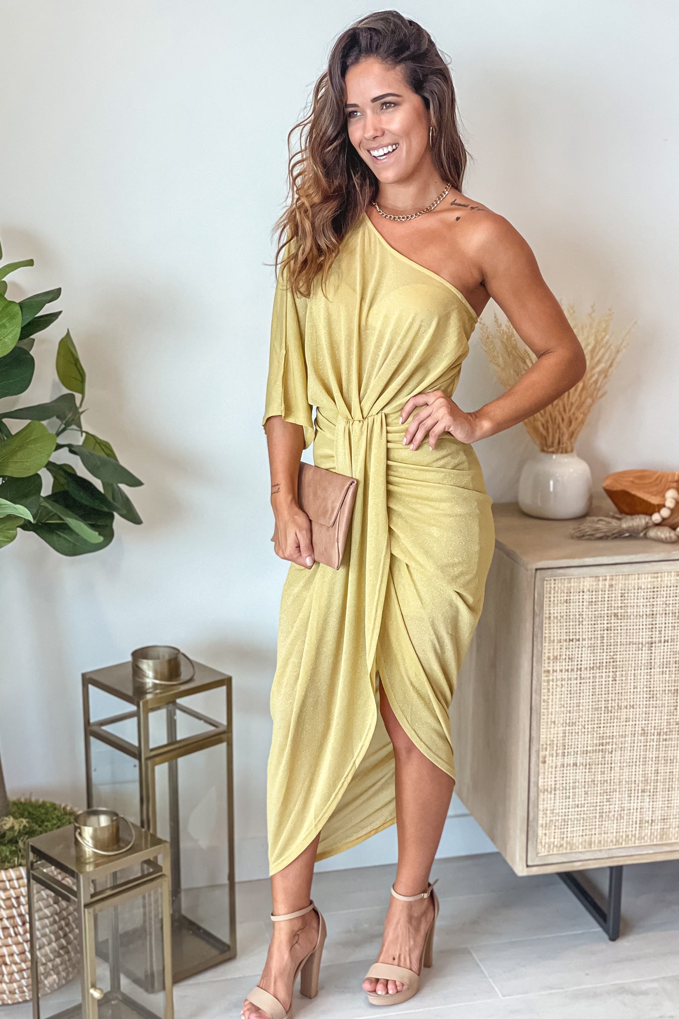 gold ruched dress Metallic Mermaid by Beginning Boutique Champagne Gold Shimmer One Shoulder