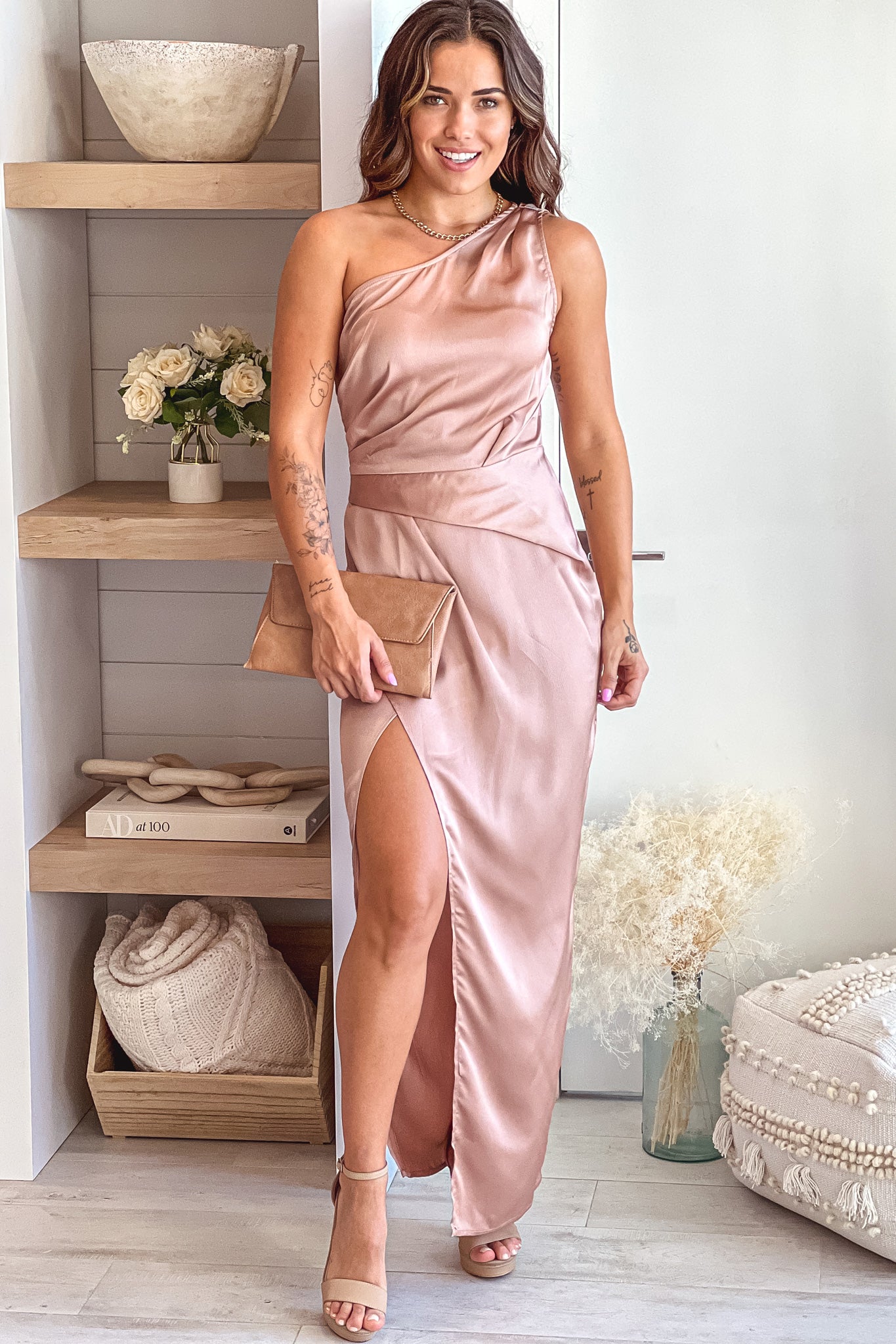 Champagne Satin One Shoulder Dress With Slit | Beige Short Dress | Lace ... Champagne Satin One Shoulder Dress With Slit | Beige Short Dress | Lace ...