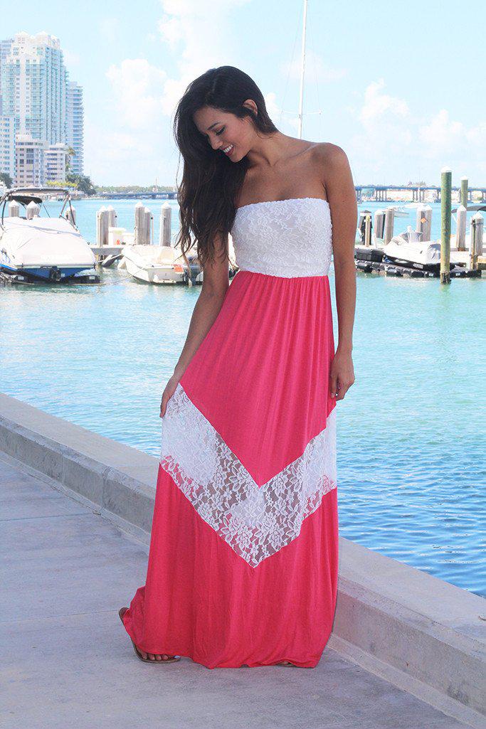 Coral and Ivory Chevron Maxi Dress with Lace