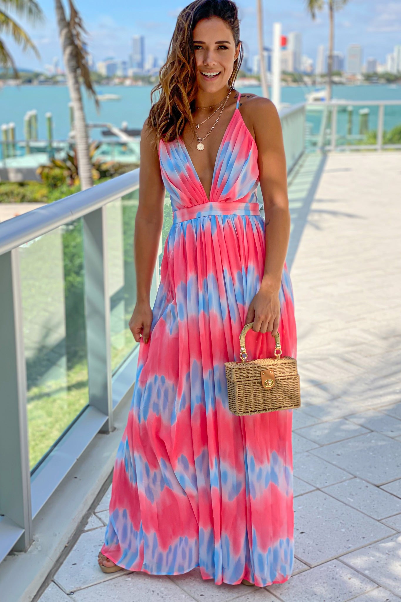 Coral And Blue Printed Maxi Dress