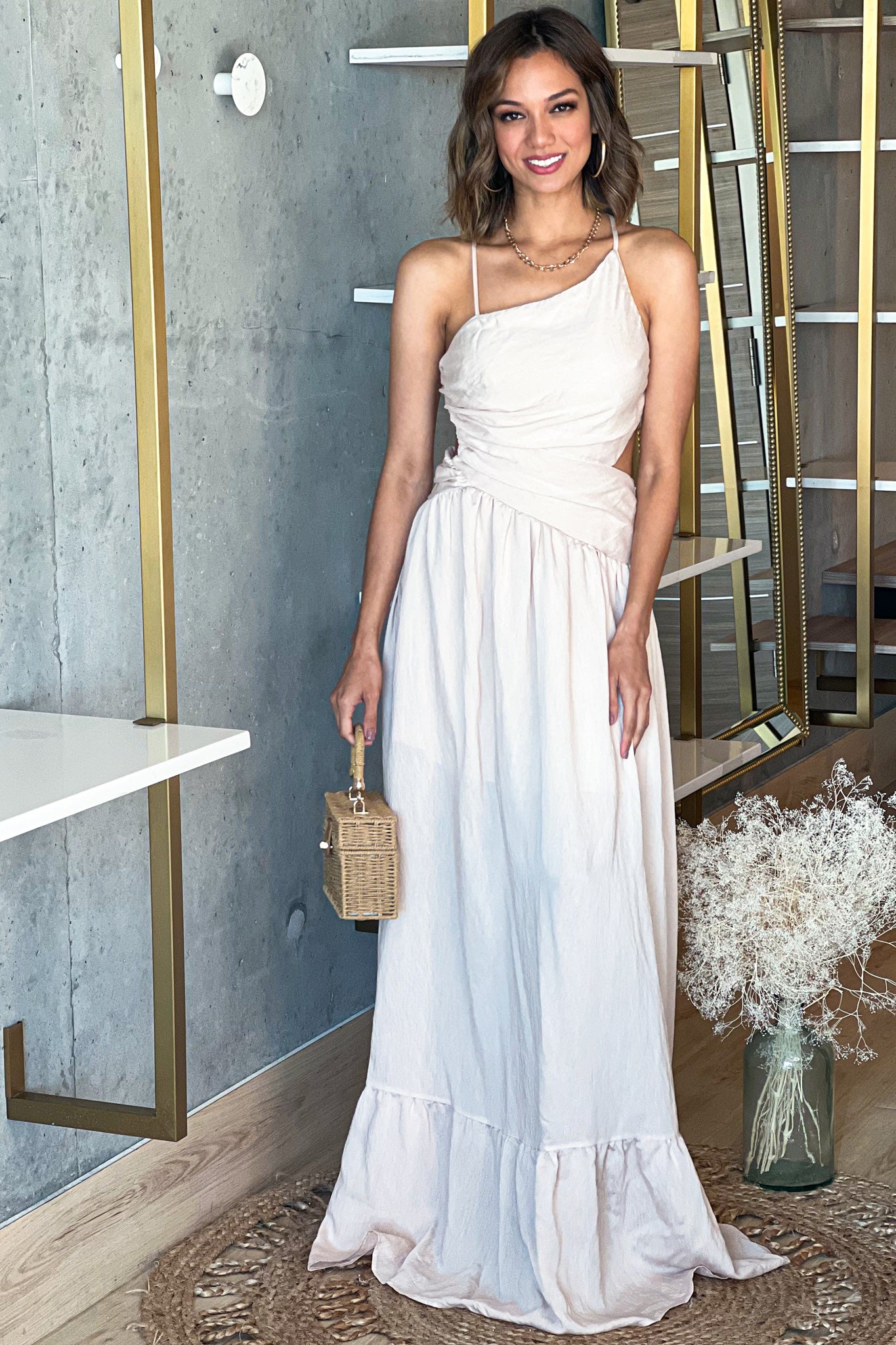 chinese dress ladies Cream One Shoulder Maxi Dress