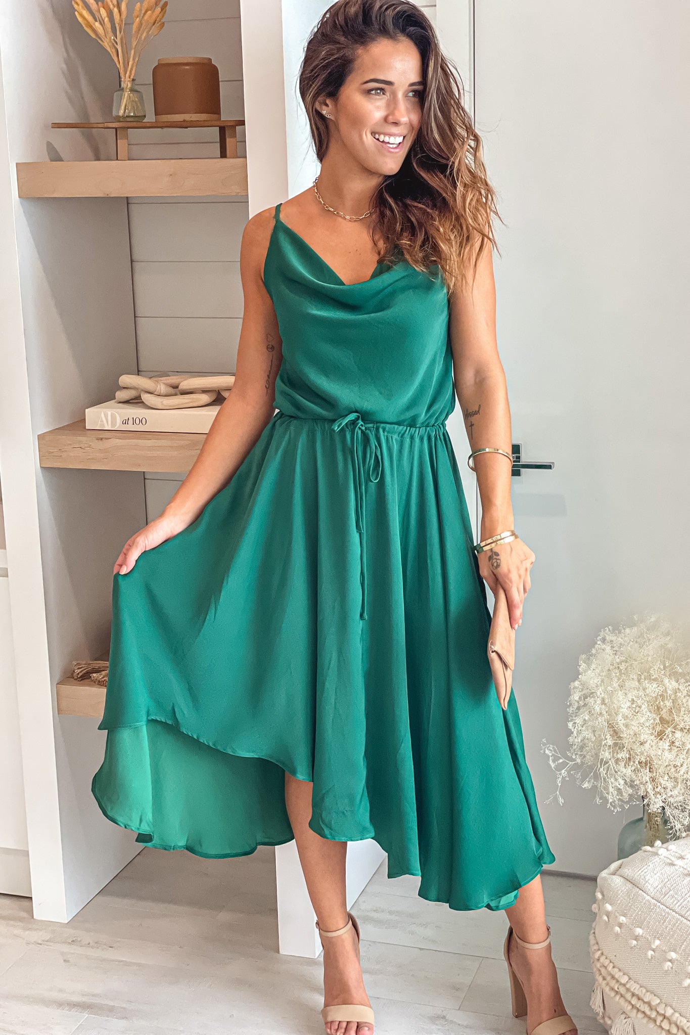 Dark Green Satin Midi Dress With Cowl Neck | Midi Dresses Saved by the Dress Dark Green Satin Midi Dress With Cowl Neck | Midi Dresses Saved by the Dress