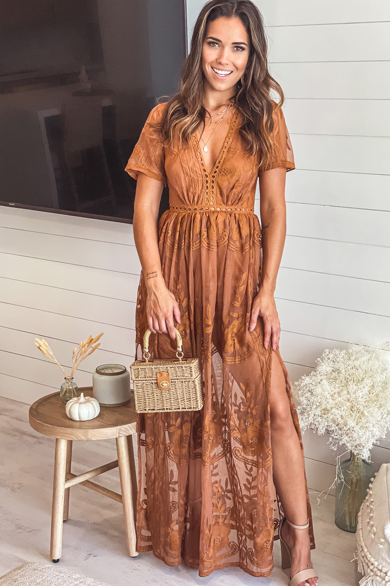 lace maxi dress with romper Blue Lace Maxi Romper with Sleeves and Slits