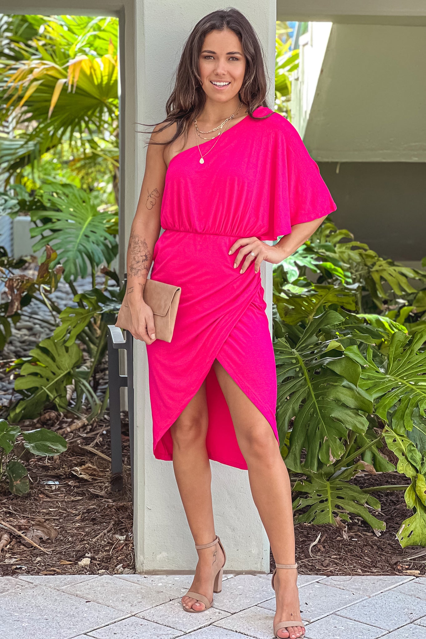 Fuchsia One Shoulder Dress Fuchsia One Shoulder Dress