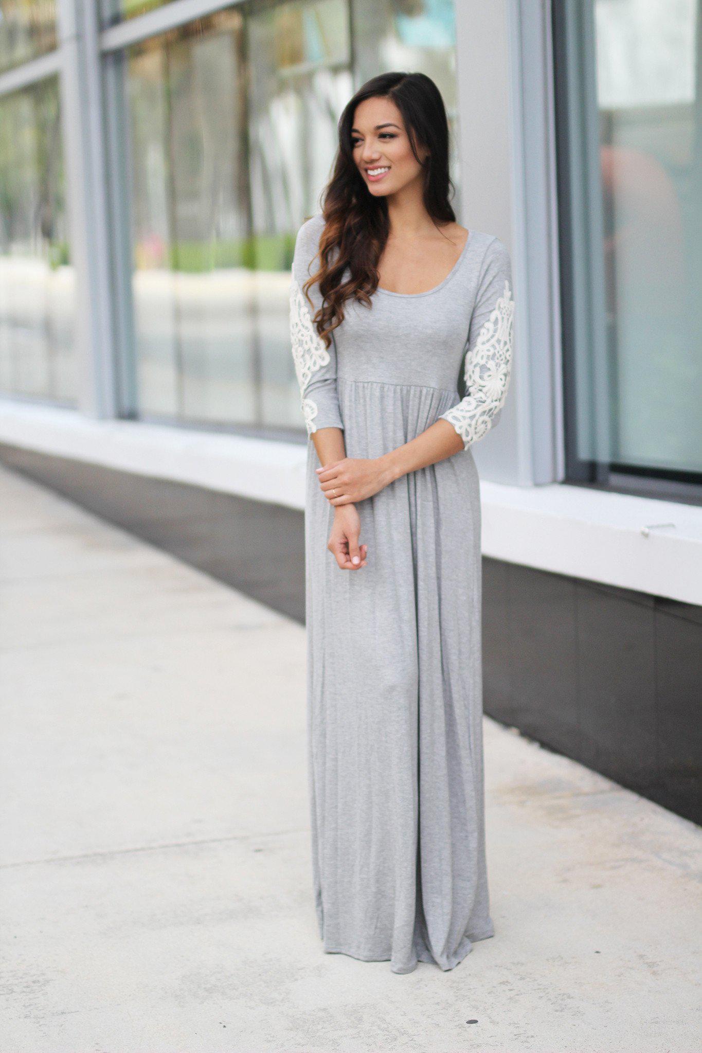 Heather Gray Maxi Dress with Crochet Sleeves – Saved by the Dress Heather Gray Maxi Dress with Crochet Sleeves – Saved by the Dress