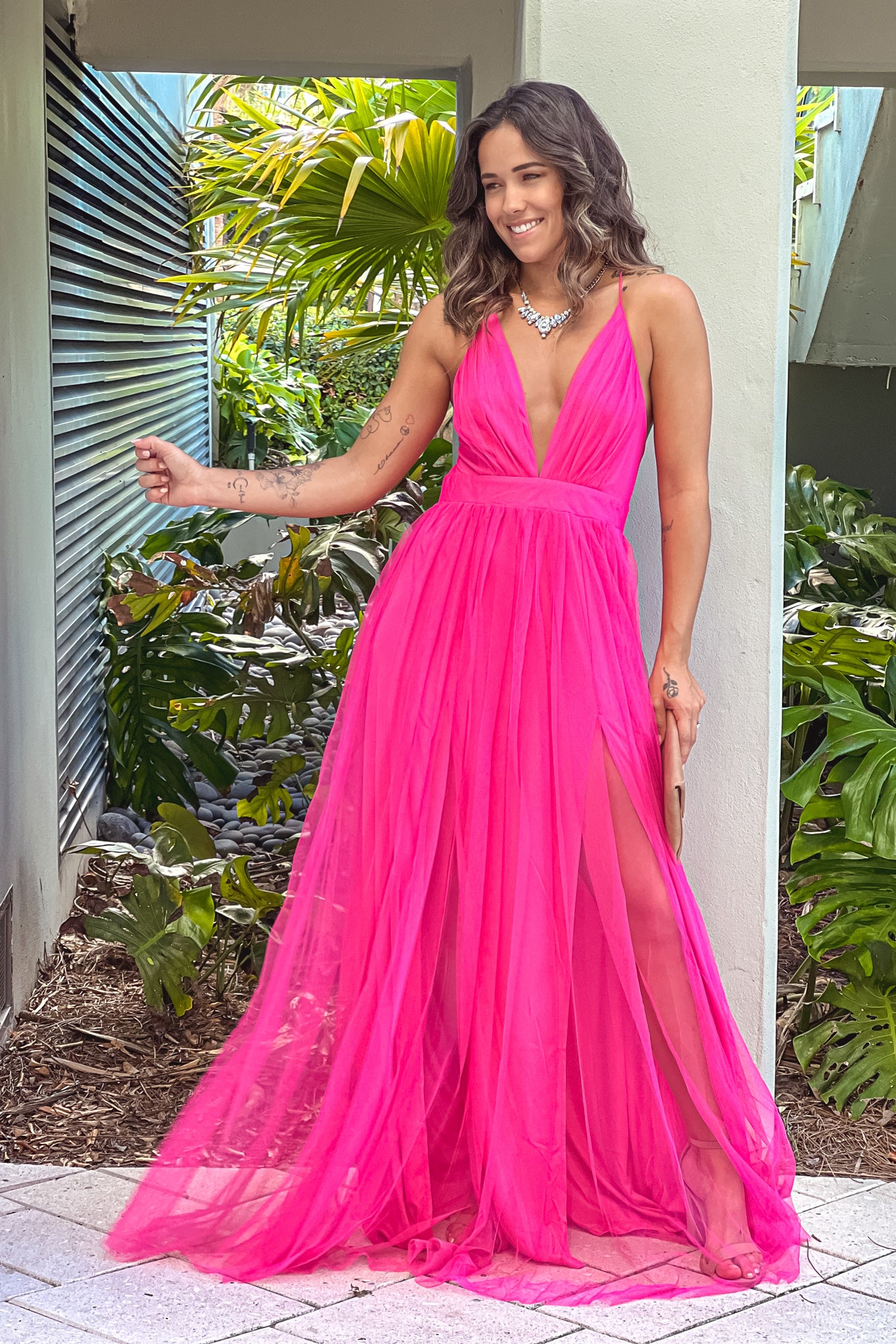 Hot Pink Mesh V-Neck Maxi Dress | Maxi Dresses Saved by the Dress Hot Pink Mesh V-Neck Maxi Dress | Maxi Dresses Saved by the Dress