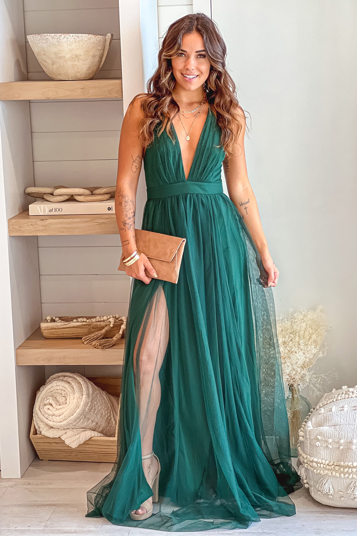 Hunter Green V-Neck Tulle Maxi Dress with Criss Cross Back | Maxi Dresses Saved by the Dress Hunter Green V-Neck Tulle Maxi Dress with Criss Cross Back | Maxi Dresses Saved by the Dress