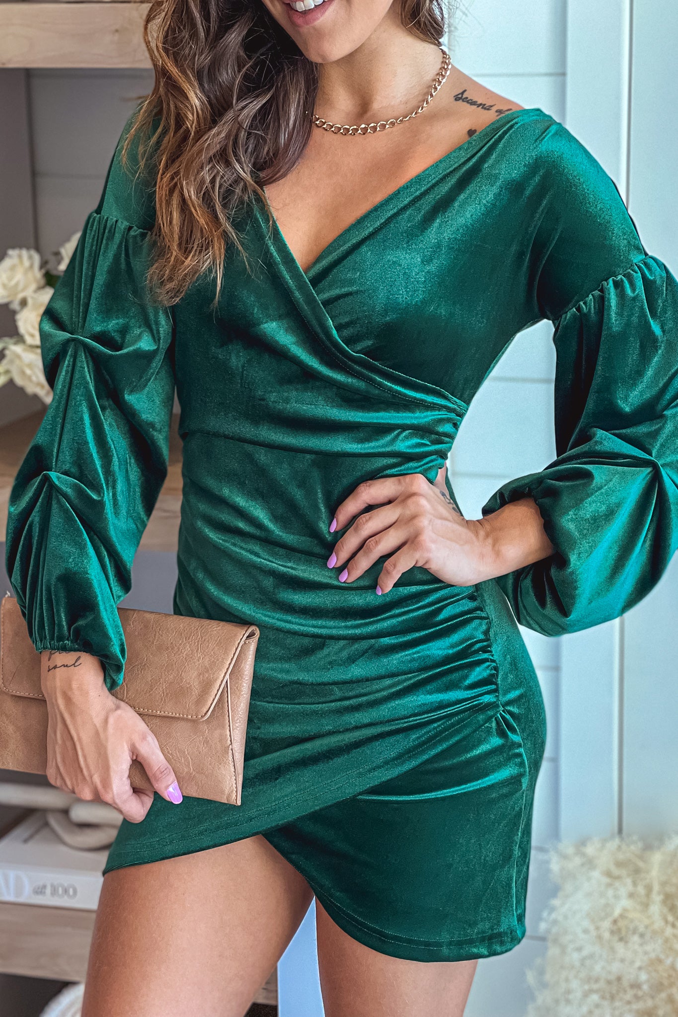 Hunter Green Velvet Short Dress With Puff Sleeves | Short Dresses Saved by the Dress Hunter Green Velvet Short Dress With Puff Sleeves | Short Dresses Saved by the Dress