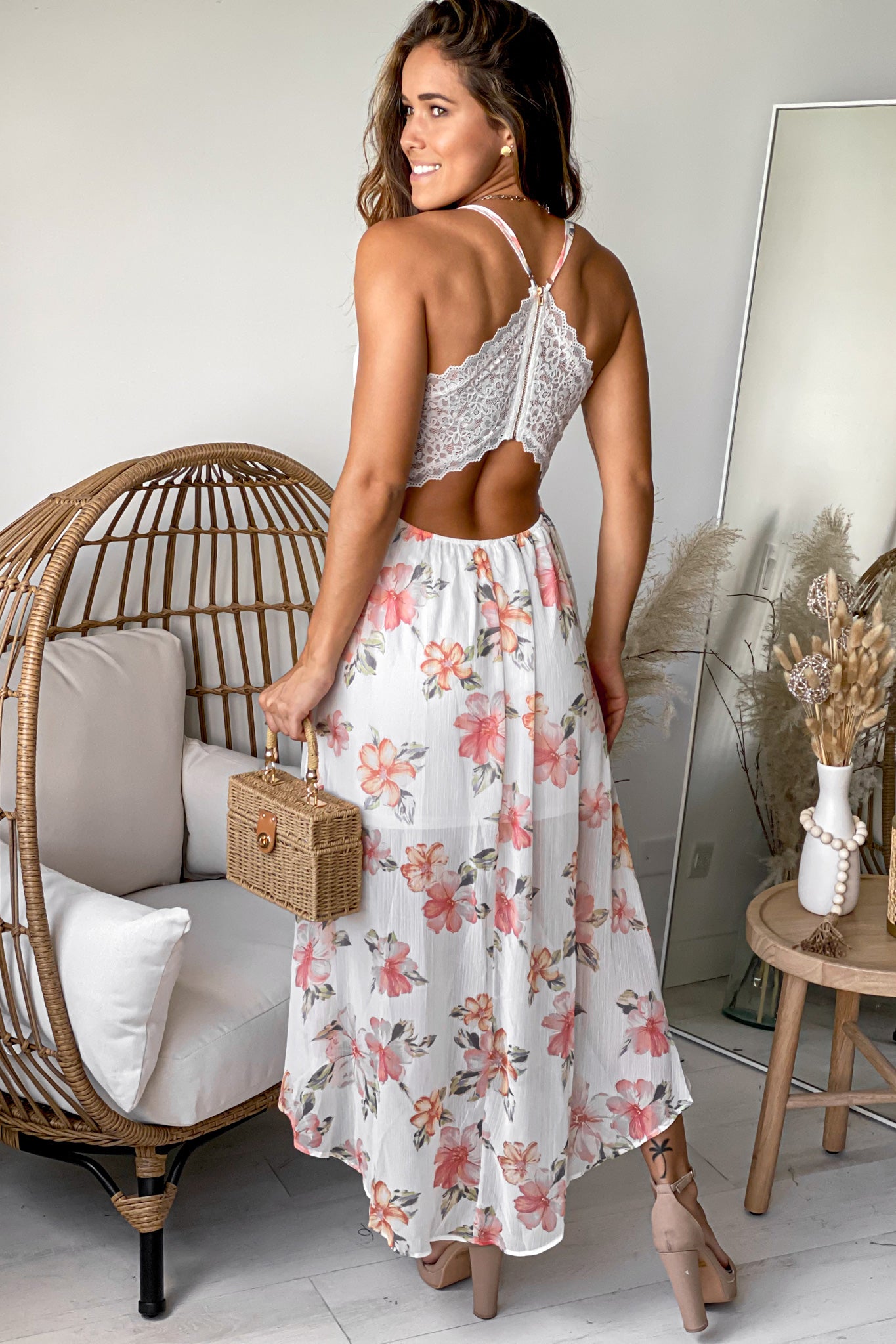 Ivory Floral High Low Dress With Lace Back Short Dresses – Saved