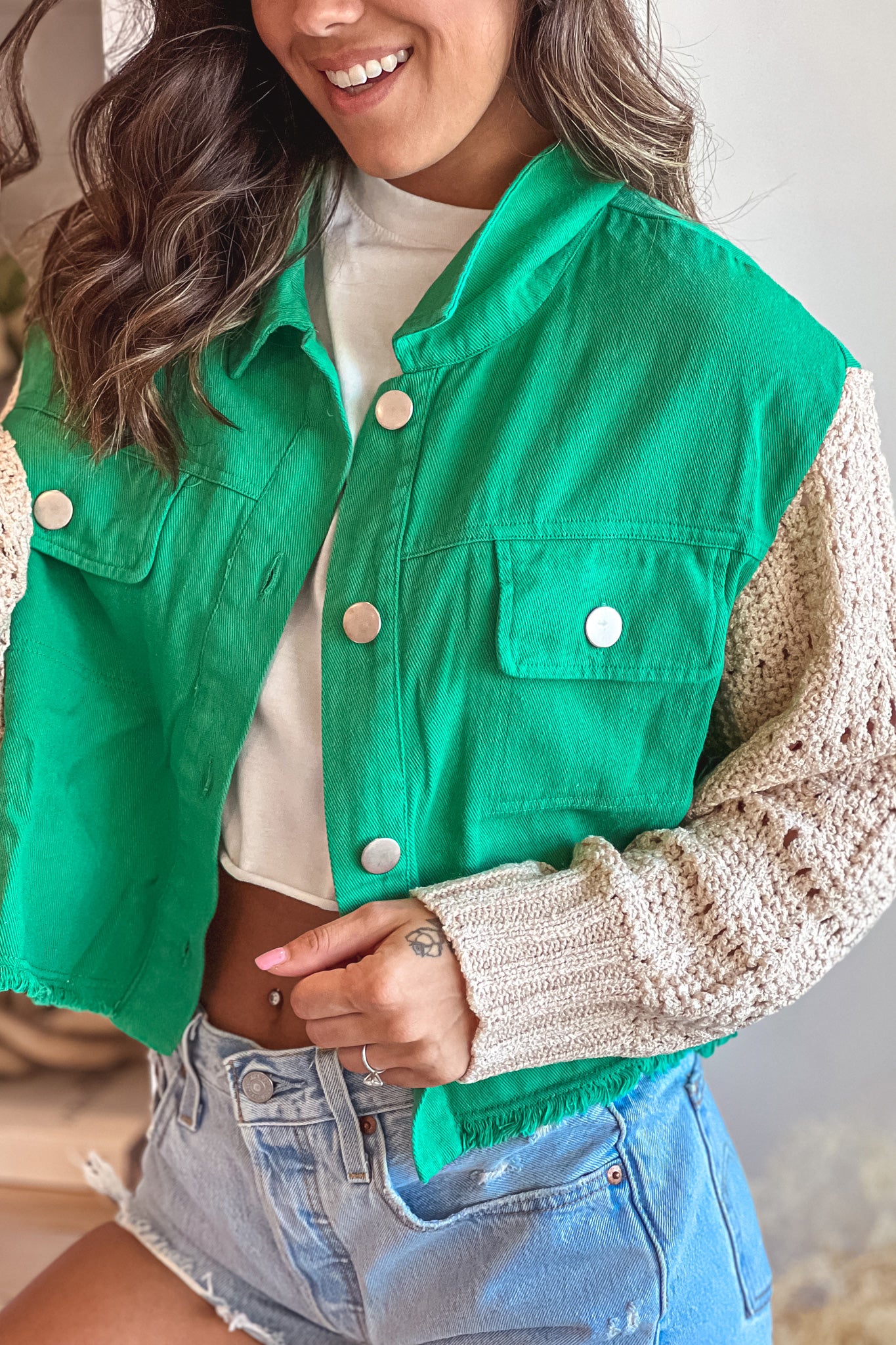 Denim jacket with crochet cheap sleeves