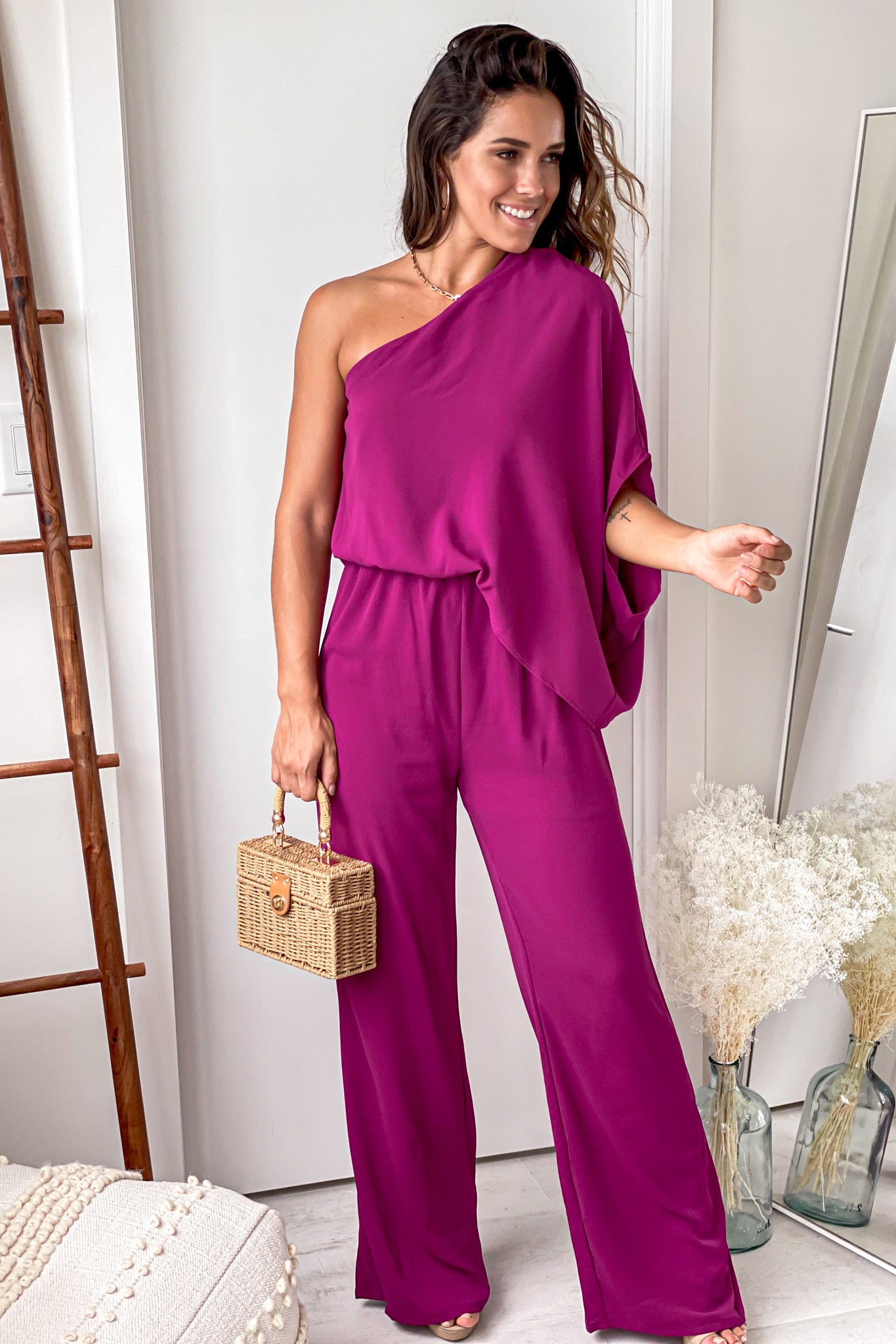 Magenta One Shoulder 3/4 Sleeve Jumpsuit | Jumpsuits – Saved by the Dress