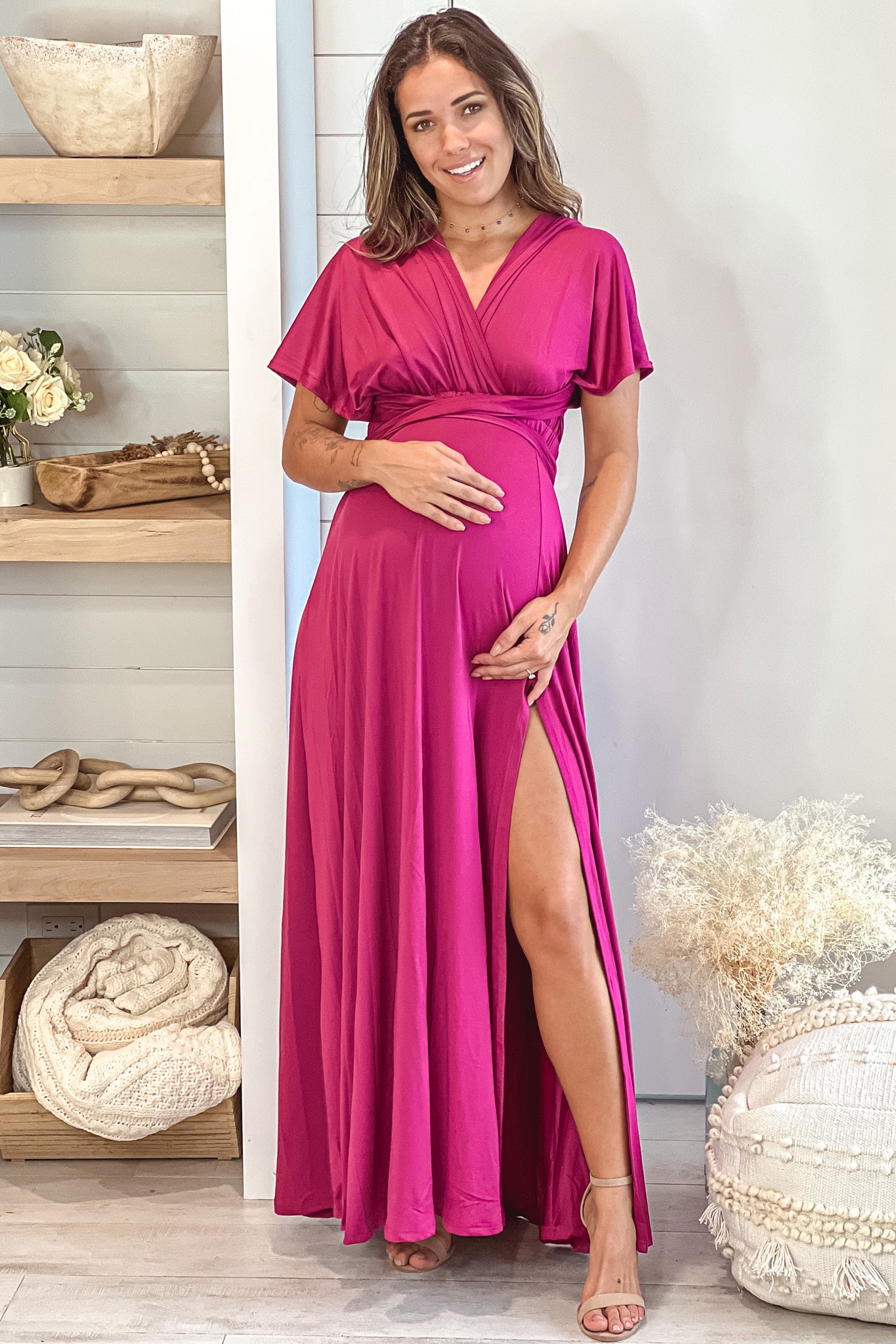 maternity plus size maxi dresses Magenta Multi Tie Maternity Maxi Dress