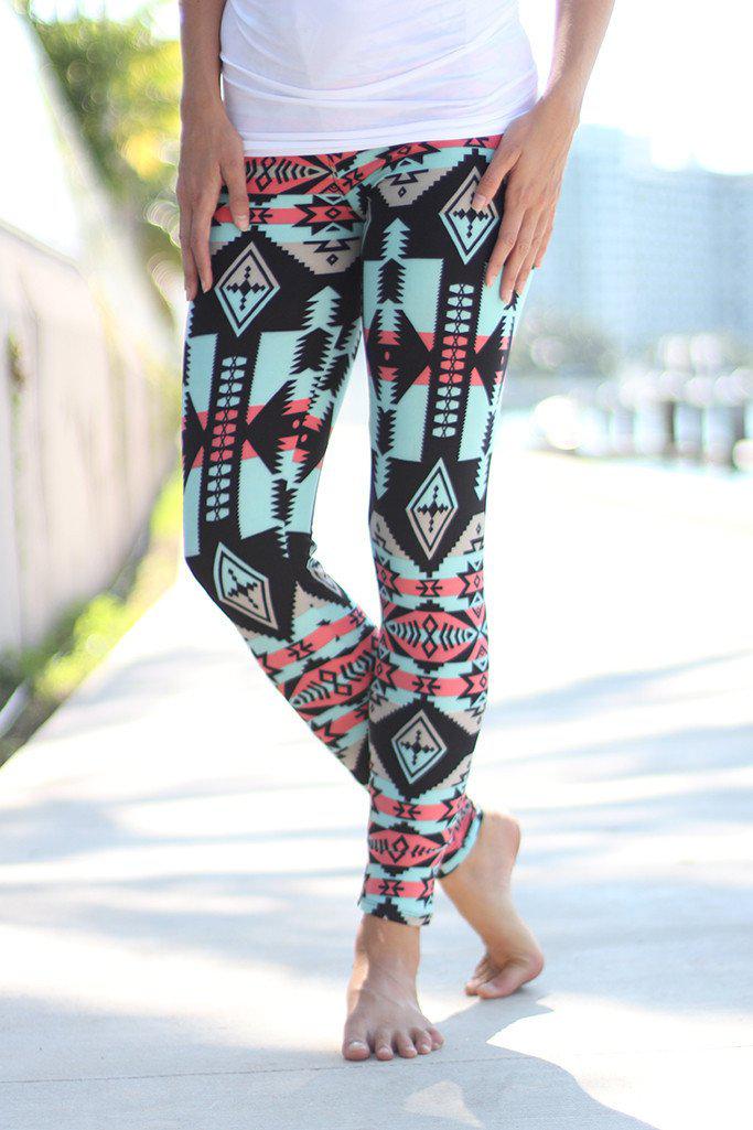 Mint And Coral Aztec Leggings  Tribal Leggings – Saved by the Dress