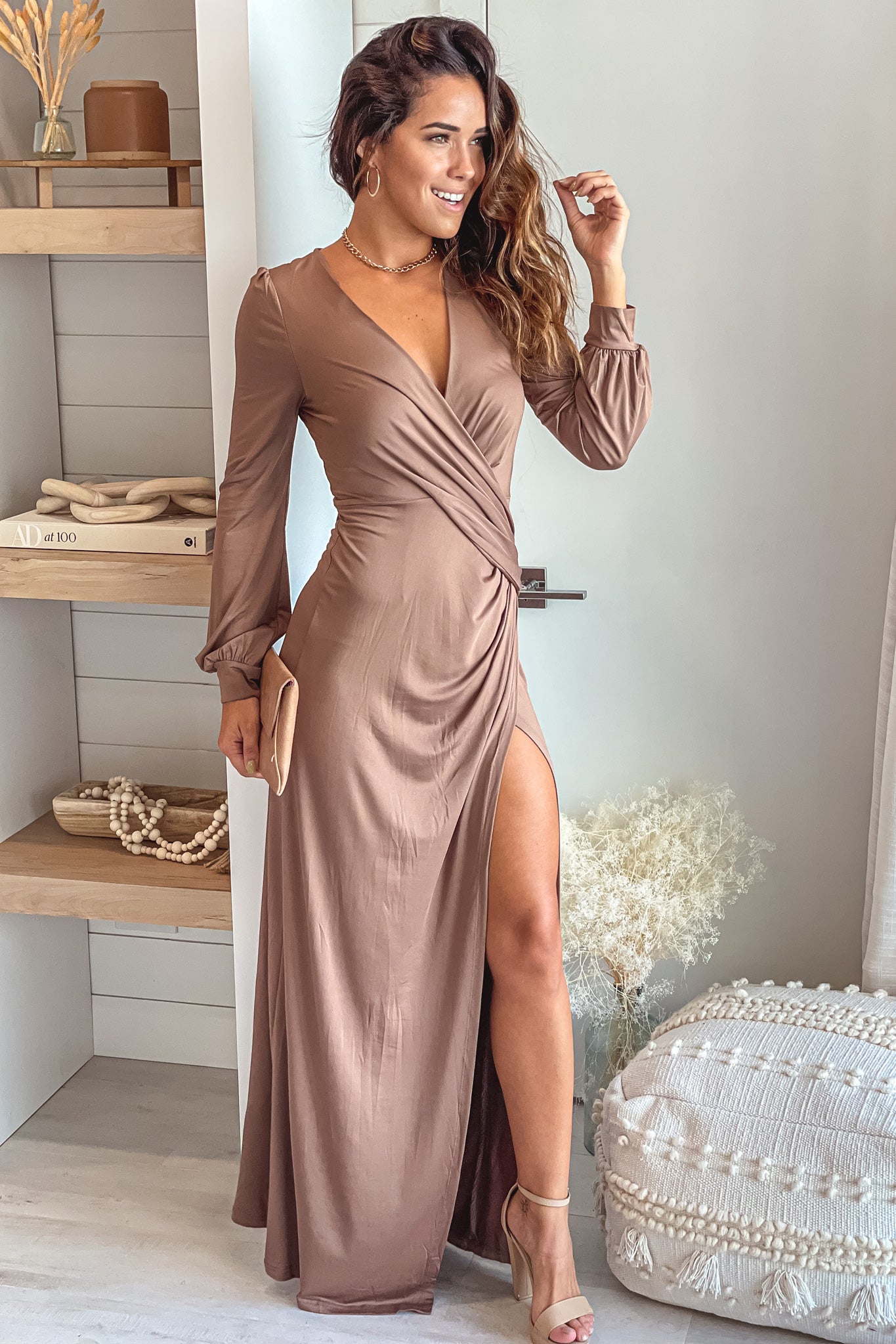 Mocha Maxi Dress with Long Sleeves and Slit | Maxi Dresses Saved by the Dress Mocha Maxi Dress with Long Sleeves and Slit | Maxi Dresses Saved by the Dress