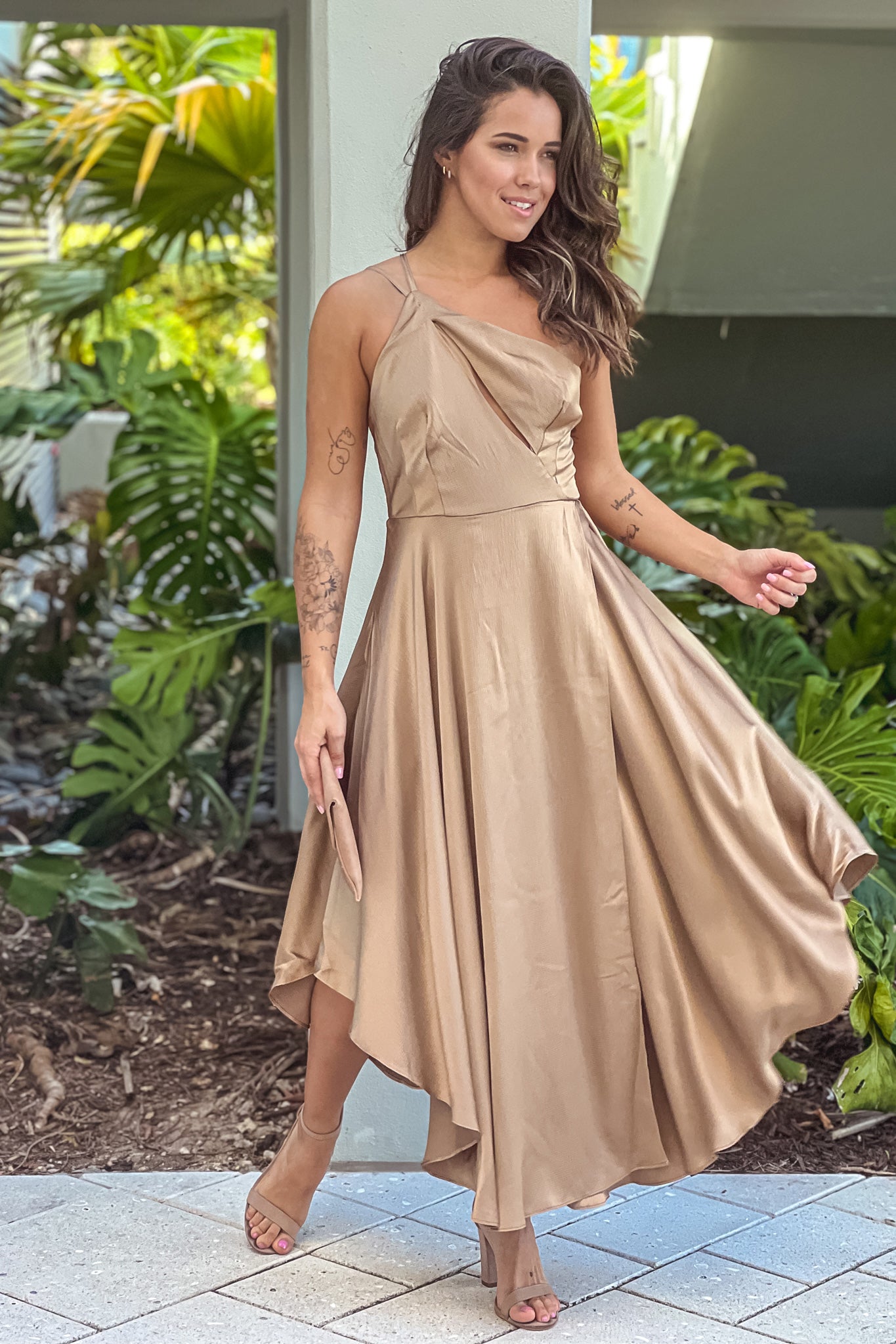 Mocha Satin One Shoulder Dress | Beige Short Dress | Lace Short Dress Saved by the Dress Mocha Satin One Shoulder Dress | Beige Short Dress | Lace Short Dress Saved by the Dress