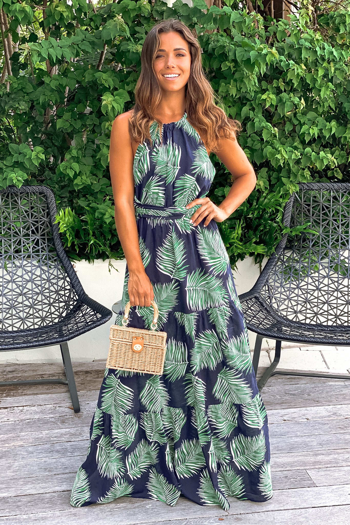 chinese dress ladies Navy Tropical Maxi Dress With Open Back