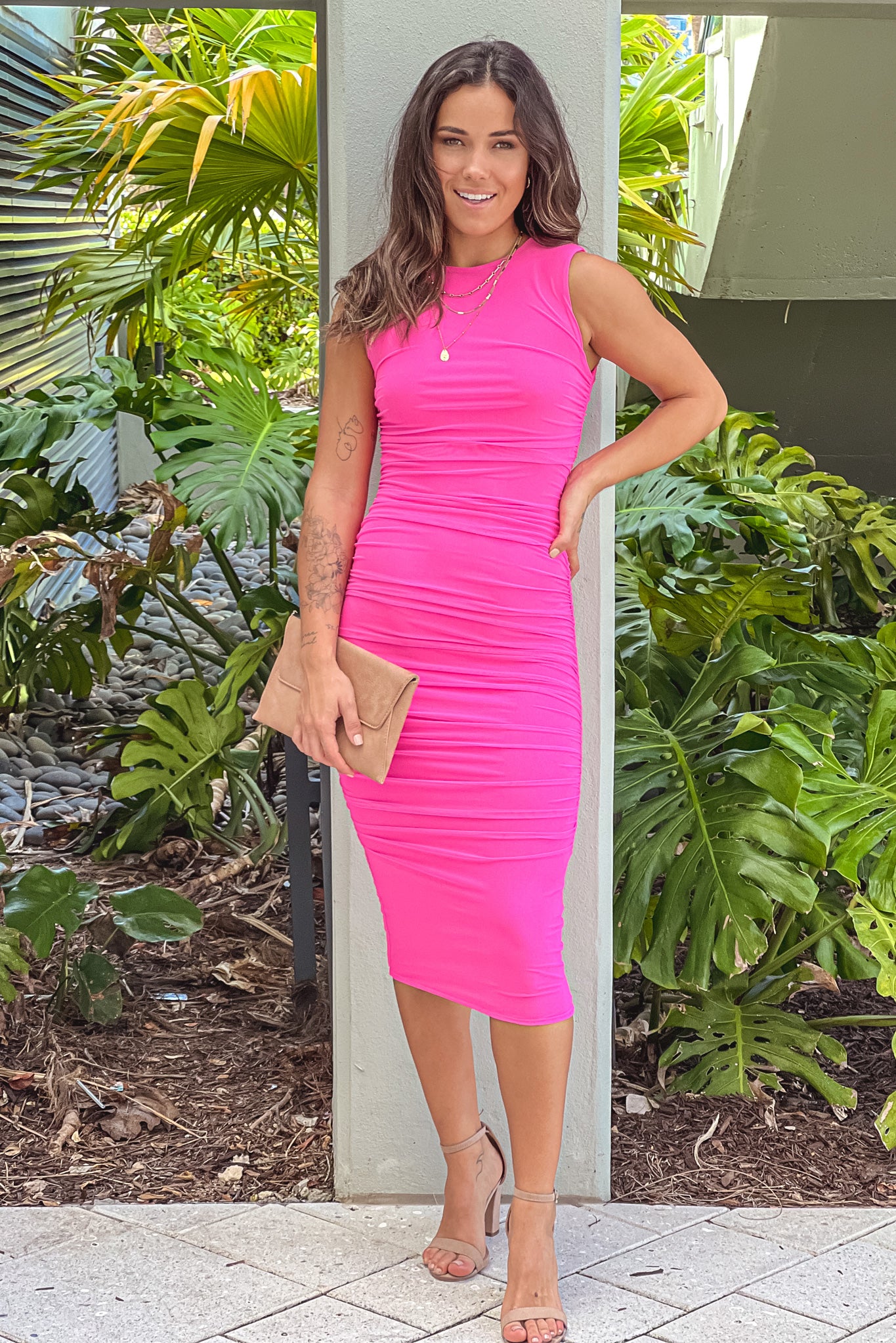Neon Pink Mesh Ruched Midi Dress Midi Dresses – Saved by the Dress