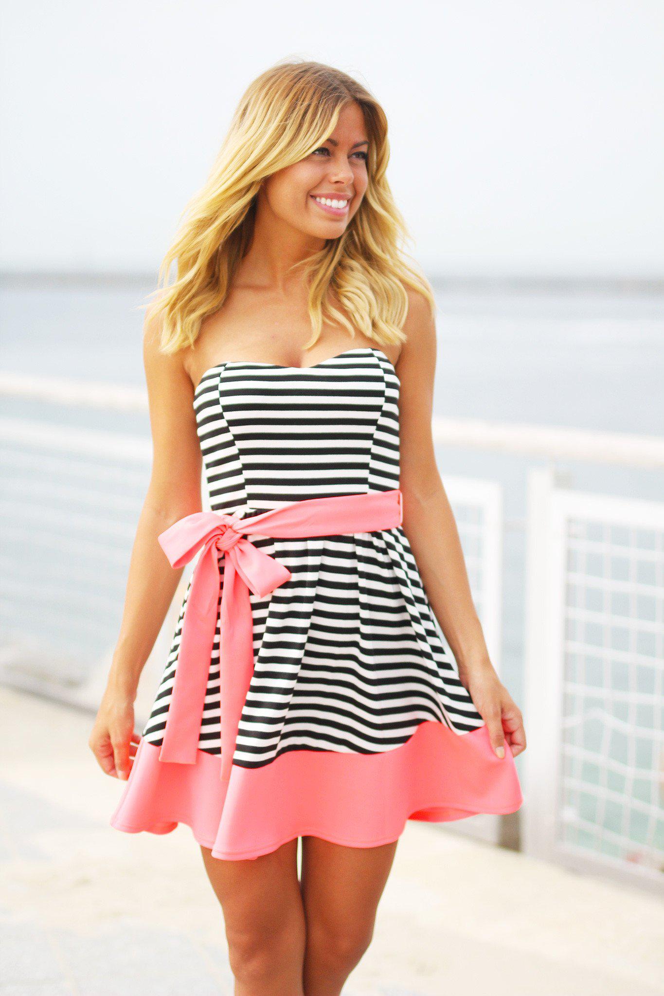 Black and Neon Pink Striped Dress Cute Short Dress Stapless