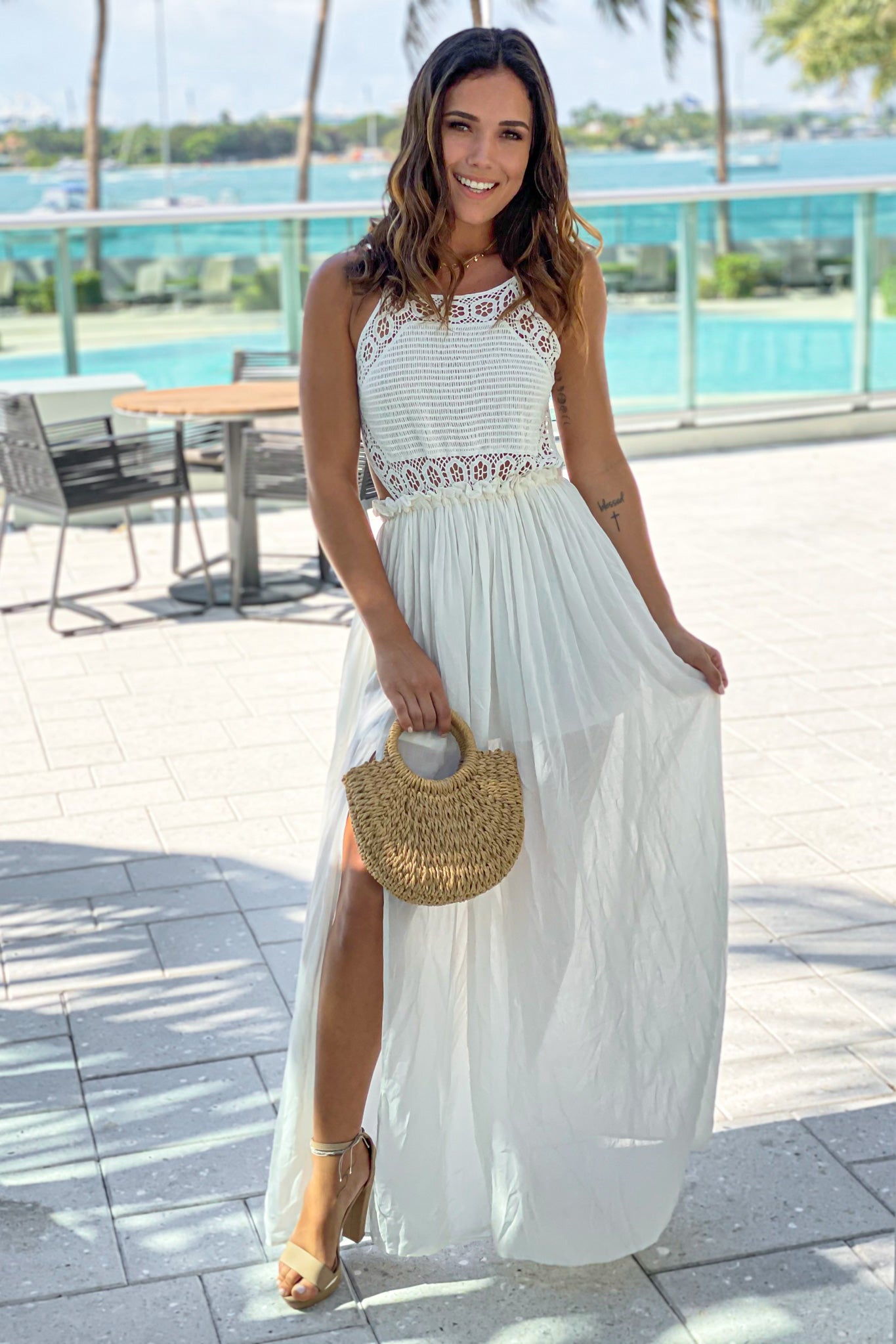 Off White Crochet Top Maxi Dress With Slit | Maxi Dresses – Saved
