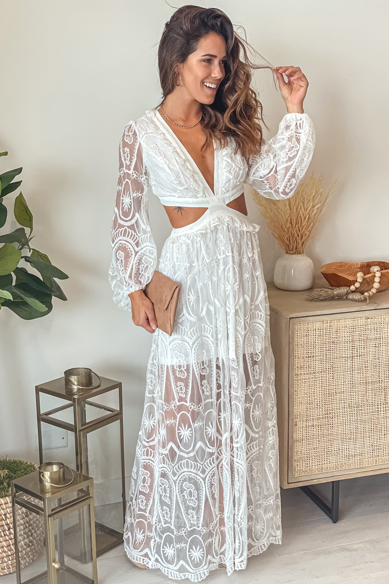 Off White Lace Maxi Dress With Cut Out And Long Sleeves | Maxi Dresses Saved by the Dress Off White Lace Maxi Dress With Cut Out And Long Sleeves | Maxi Dresses Saved by the Dress