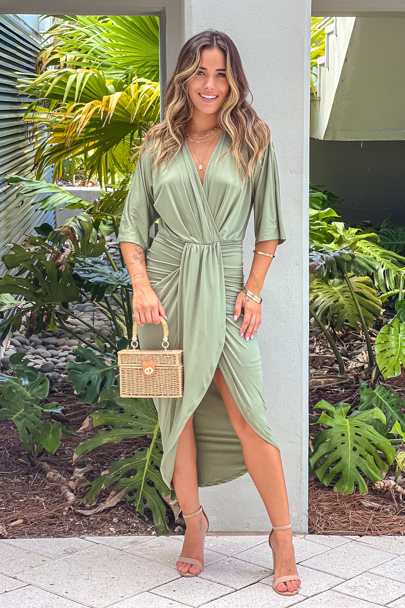 Olive Green Ruched Dress