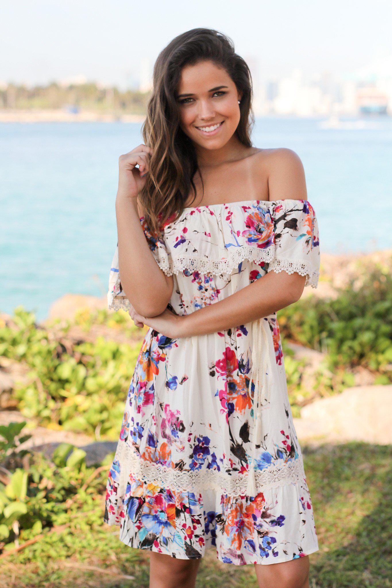 Ivory Floral Off Shoulder Short Dress | Online Boutiques – Saved by the ...