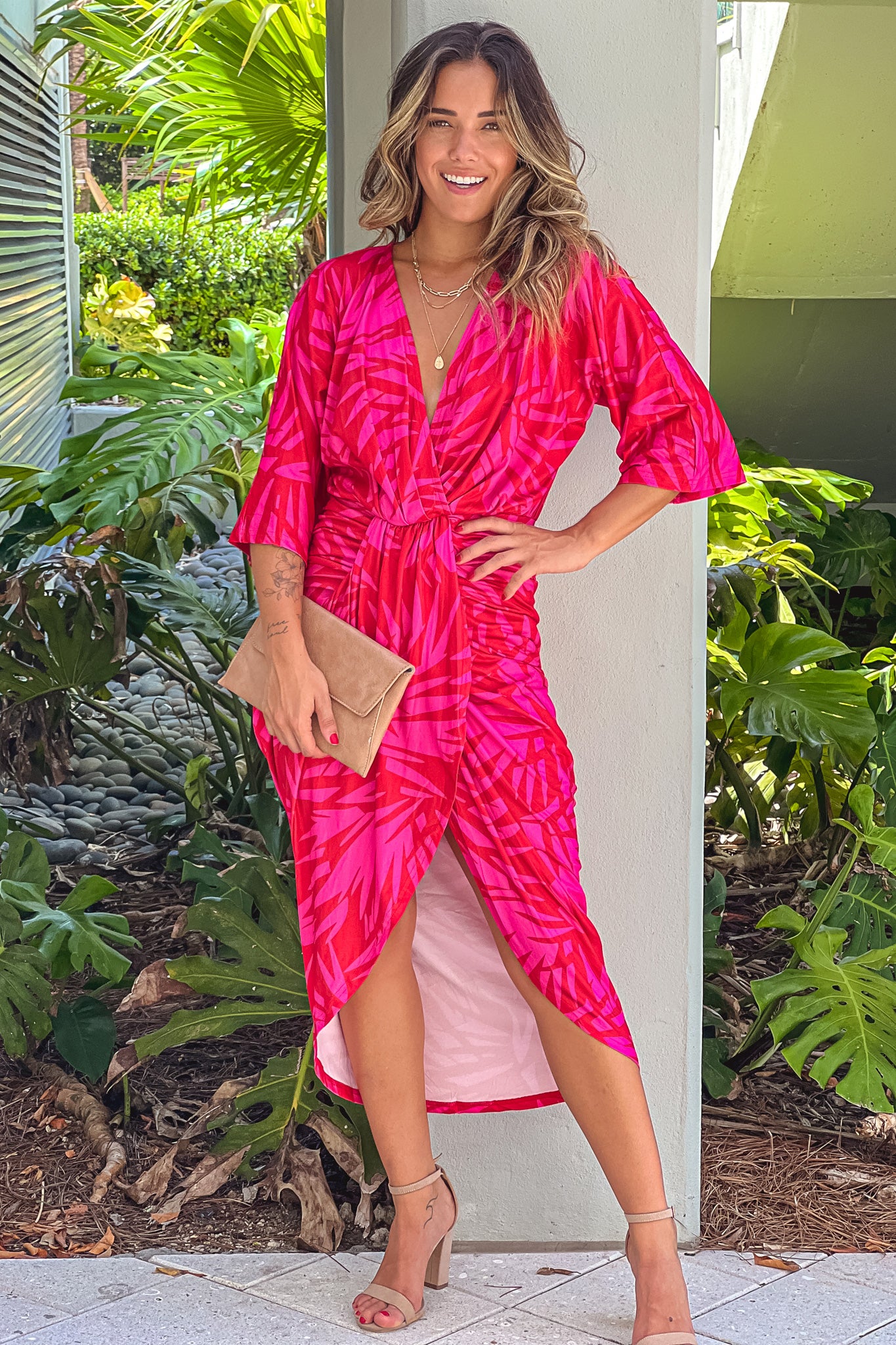 dress pink red Pink And Red Asymmetrical Ruched Dress